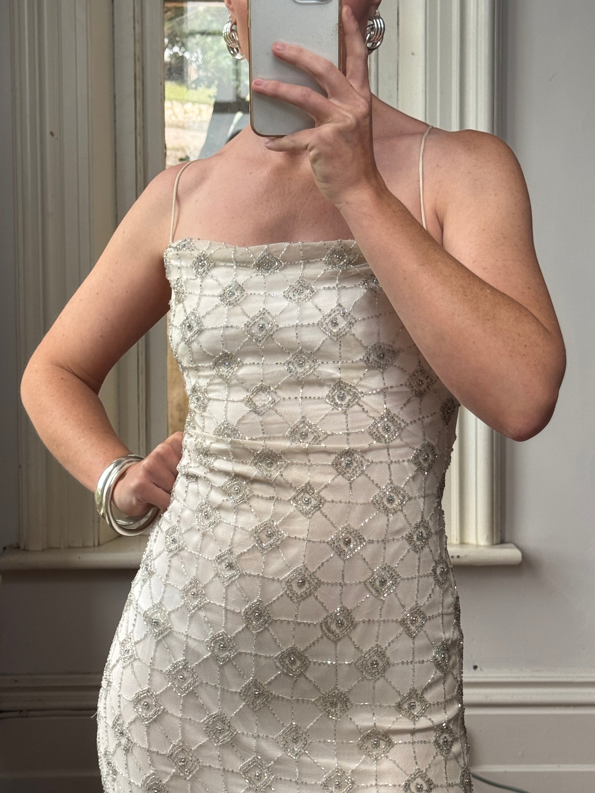 Vintage 90s Pure Silk Silver Beaded Tinsel Dress Ivory