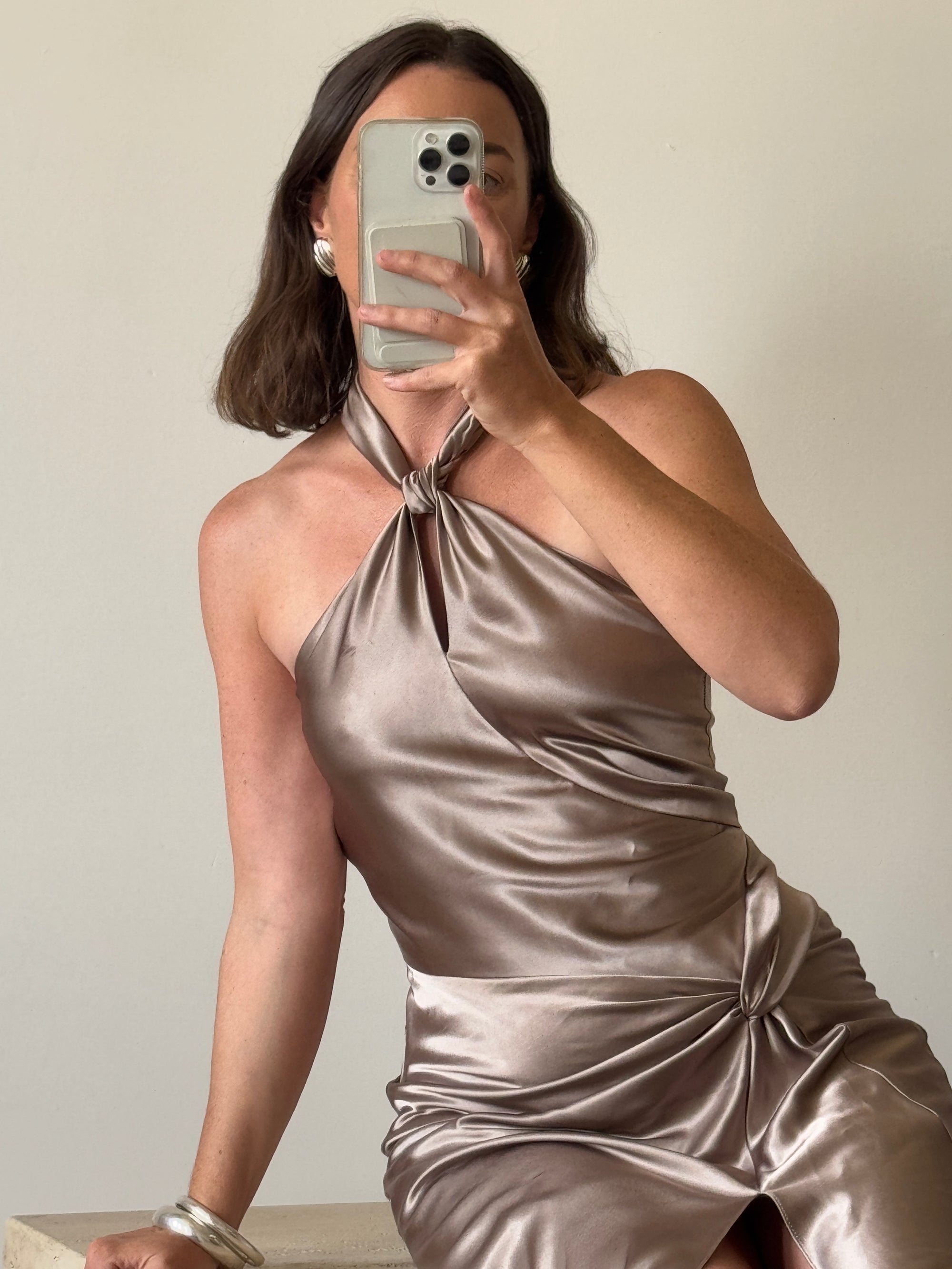 Vintage 90s Australian Made Bronze Satin Party Dress