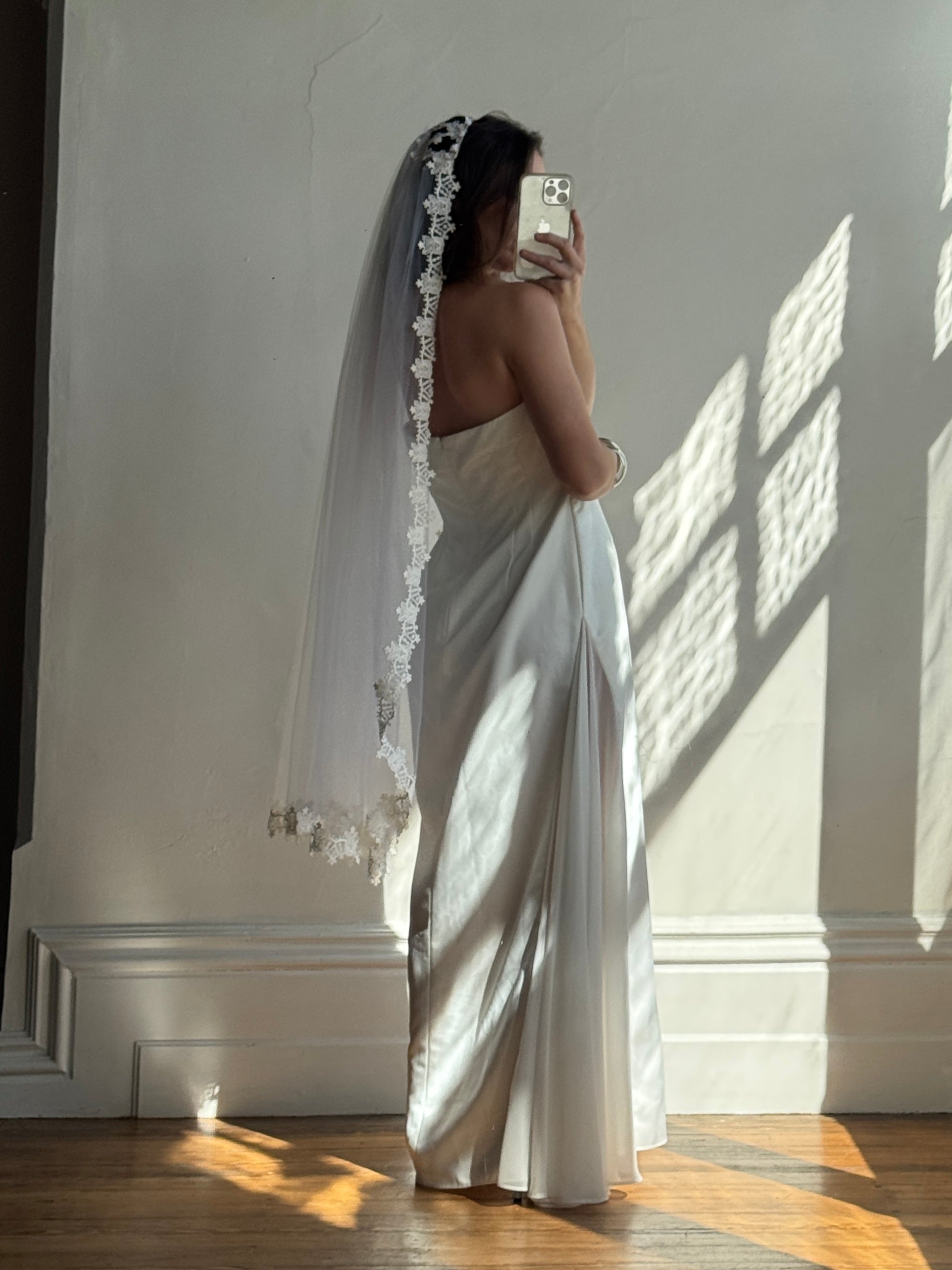 Vintage 90s Ivory Strapless Wedding Dress with Chiffon High Split