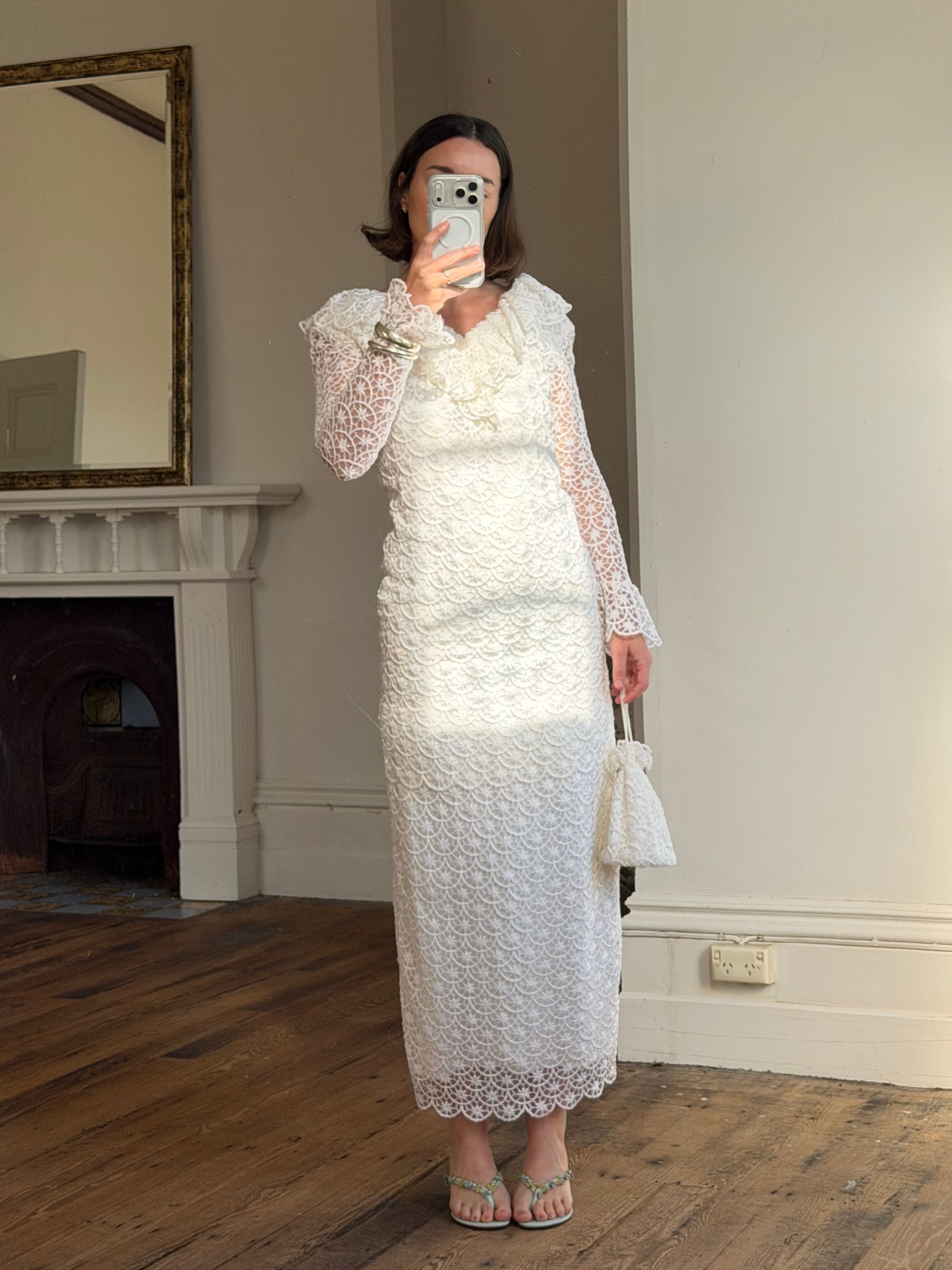 Vintage 90s Italian Crochet Column Frill Dress with Matching Bag