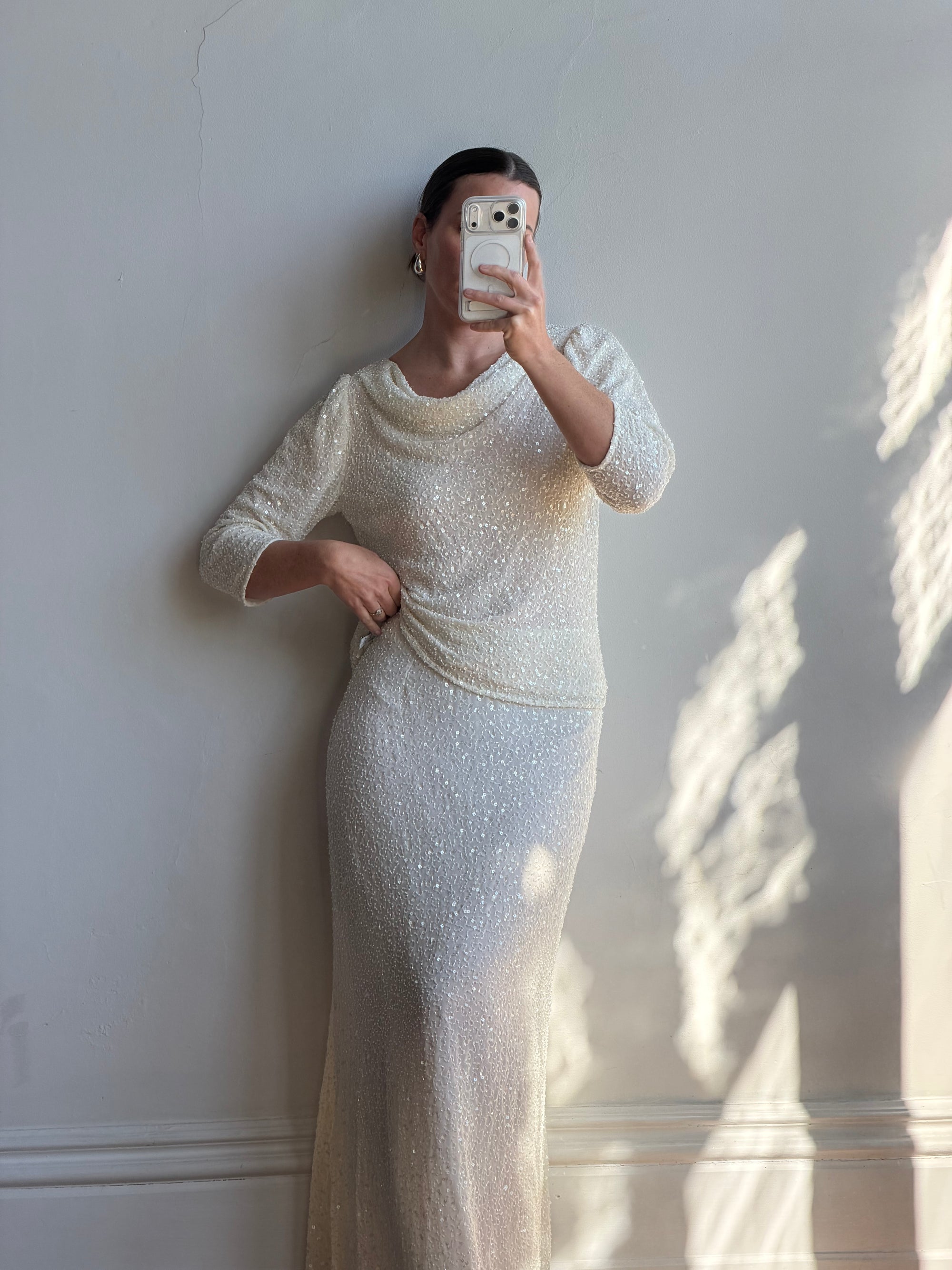 Vintage 80s Sequin Pure Silk Two Piece Bridal Set