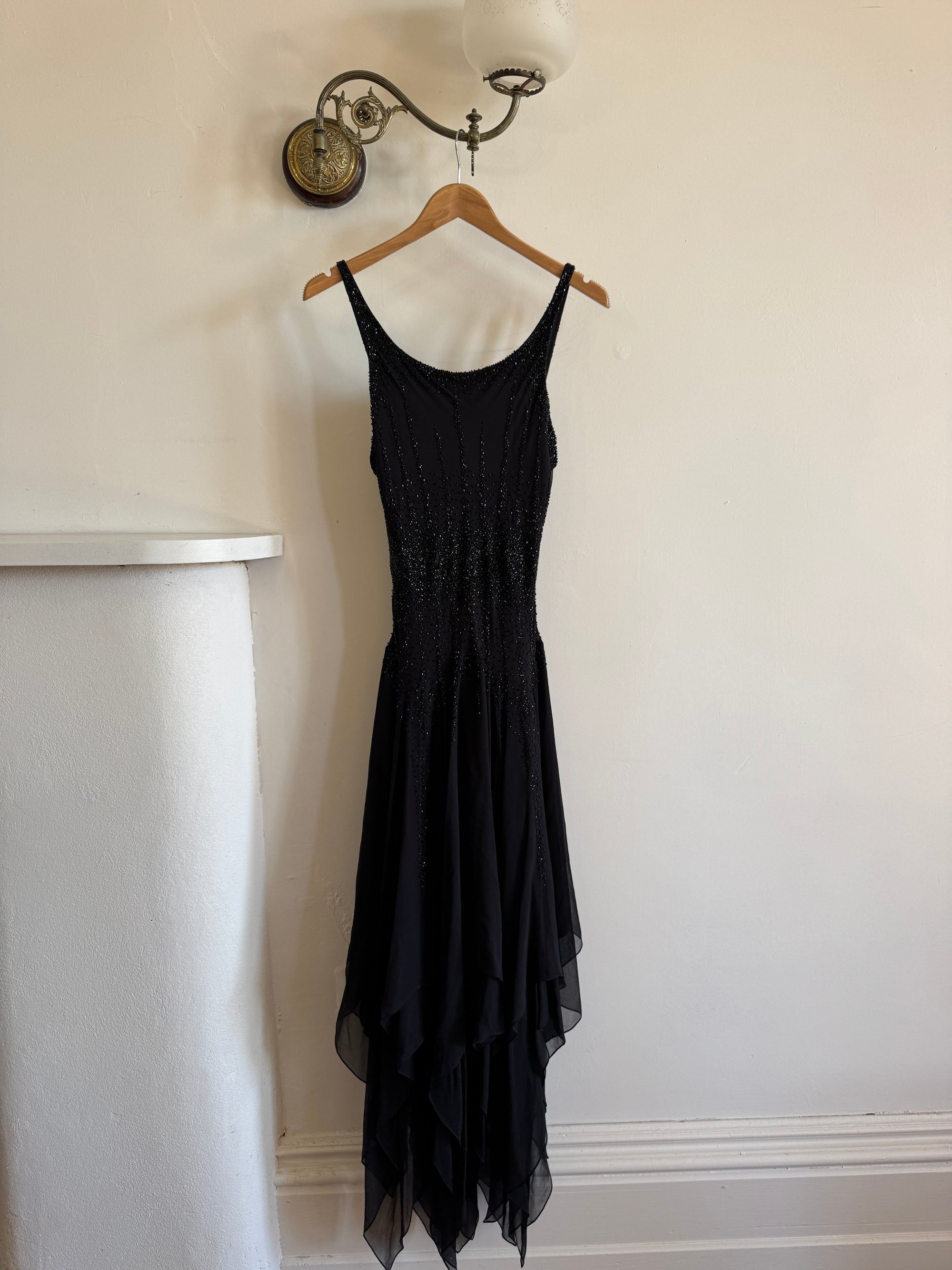Vintage 90s Pure Silk Backless Beaded Fairy Dress Noir