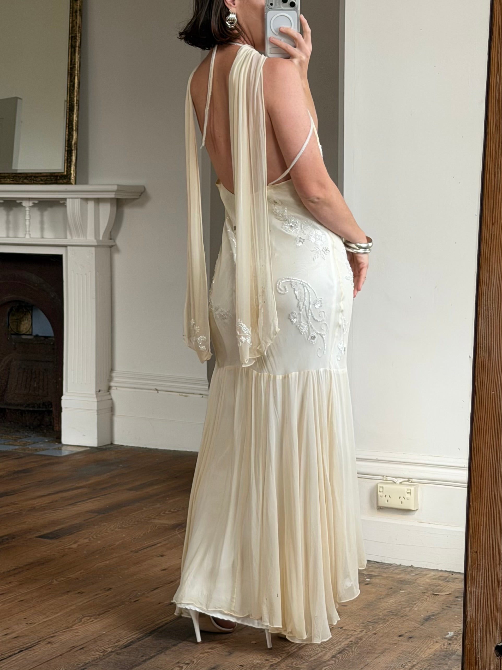 Vintage 90s Pure Silk Embellished Midi Dress With Scarf Creme