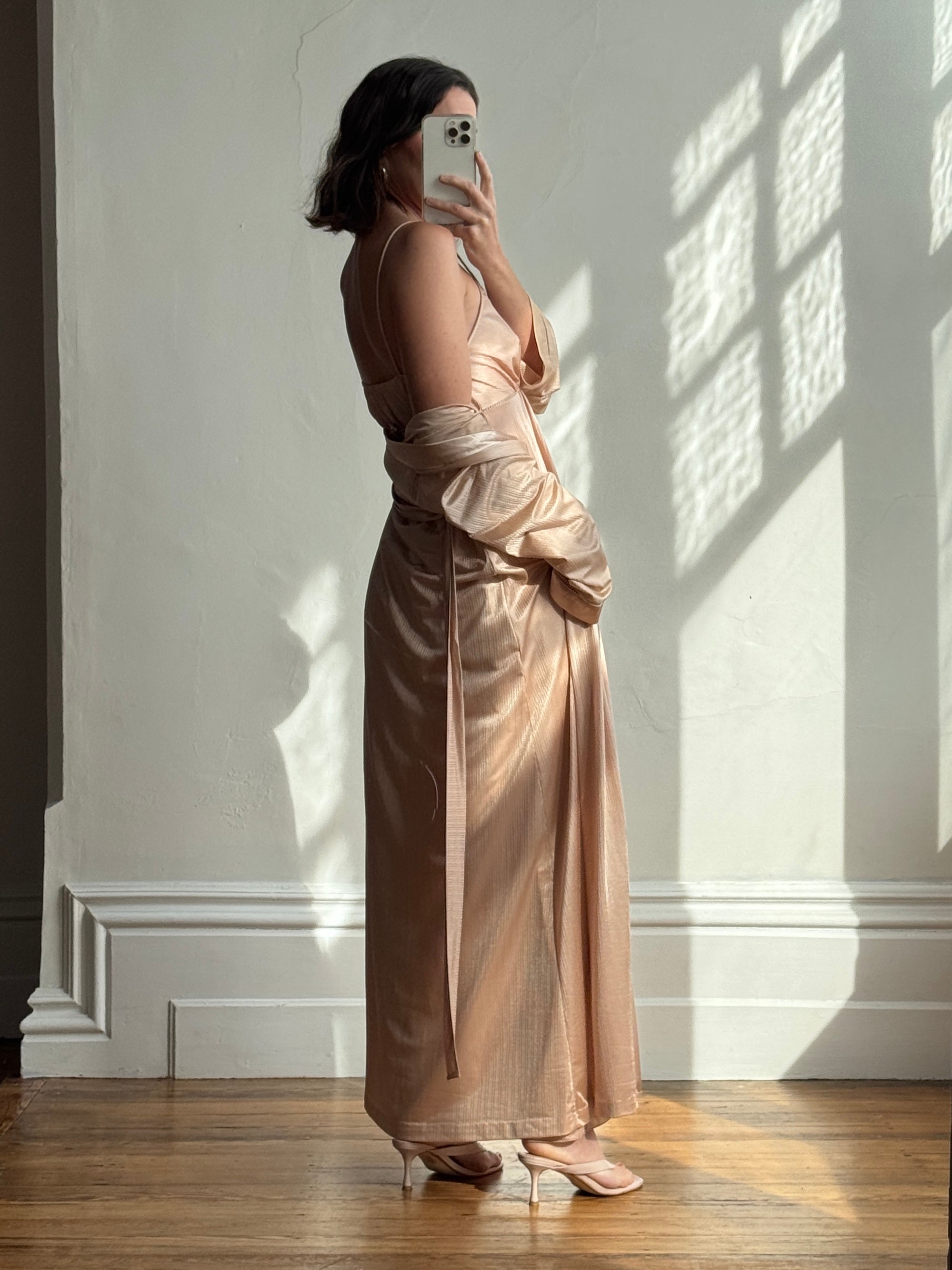 Vintage 80s Champagne Peach Robe and Slip Set