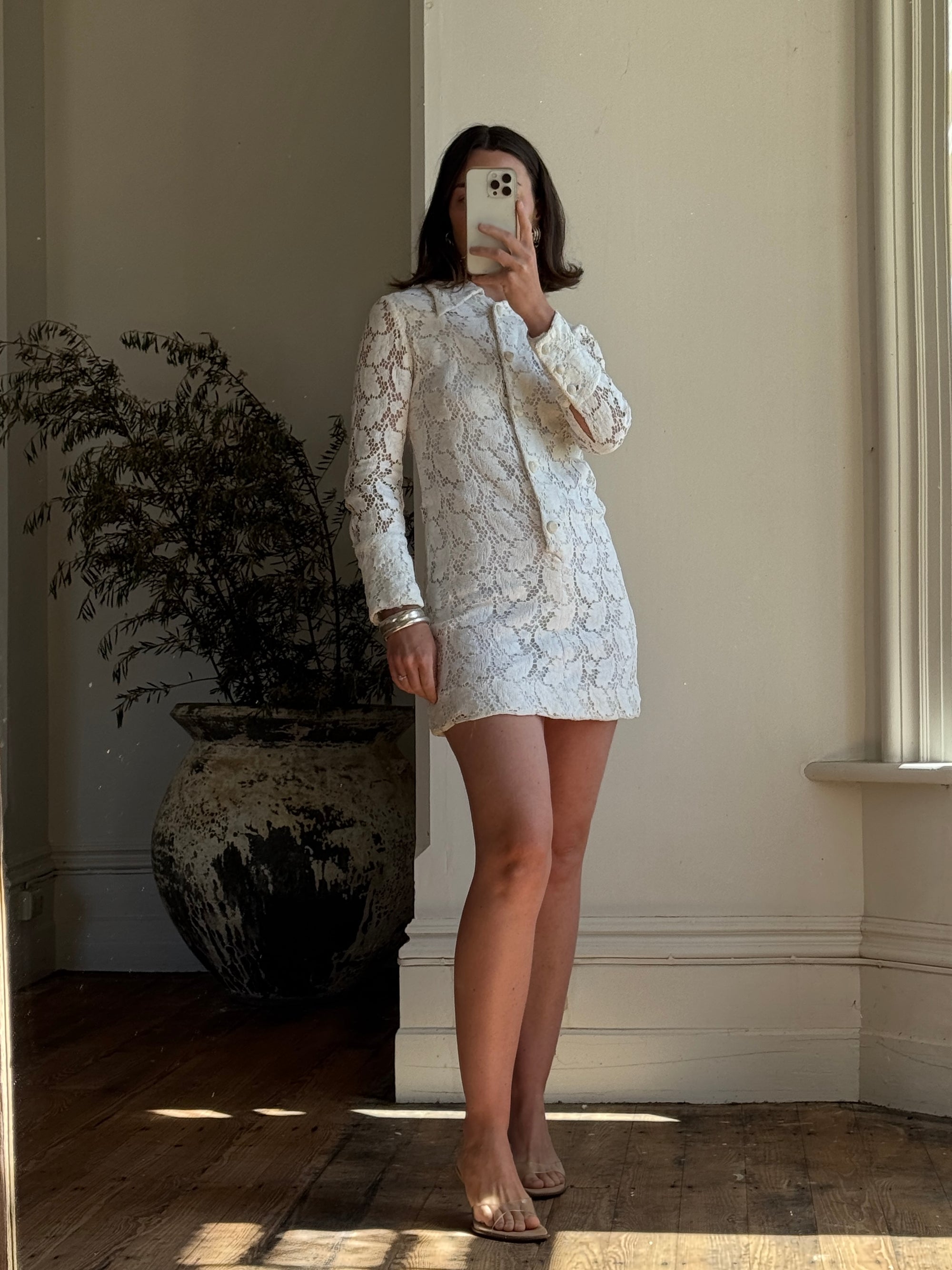 Vintage 70s Lace Button Up Micro Mini