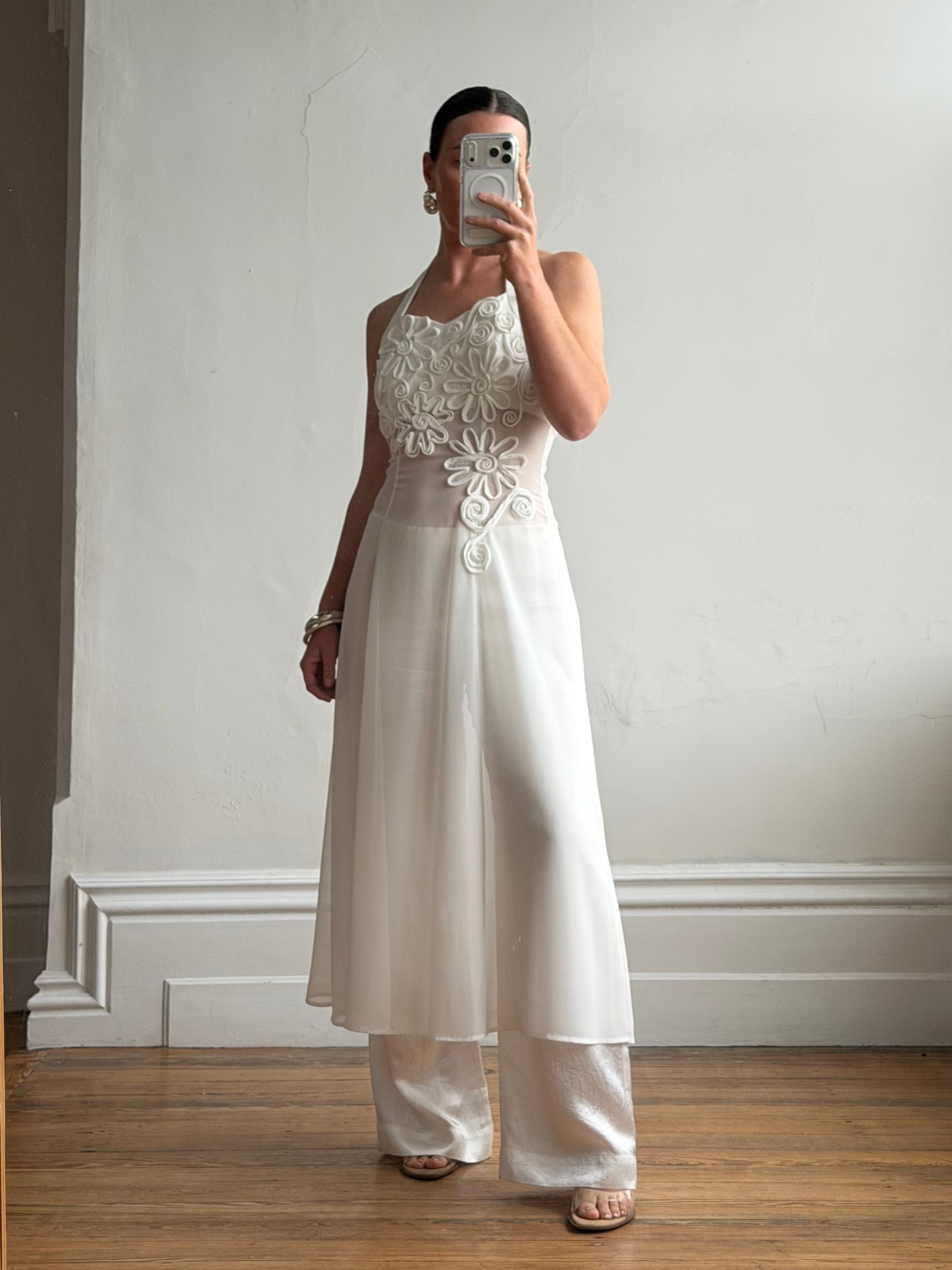 Vintage 90s Daisy Sheer Halter Midi Dress White
