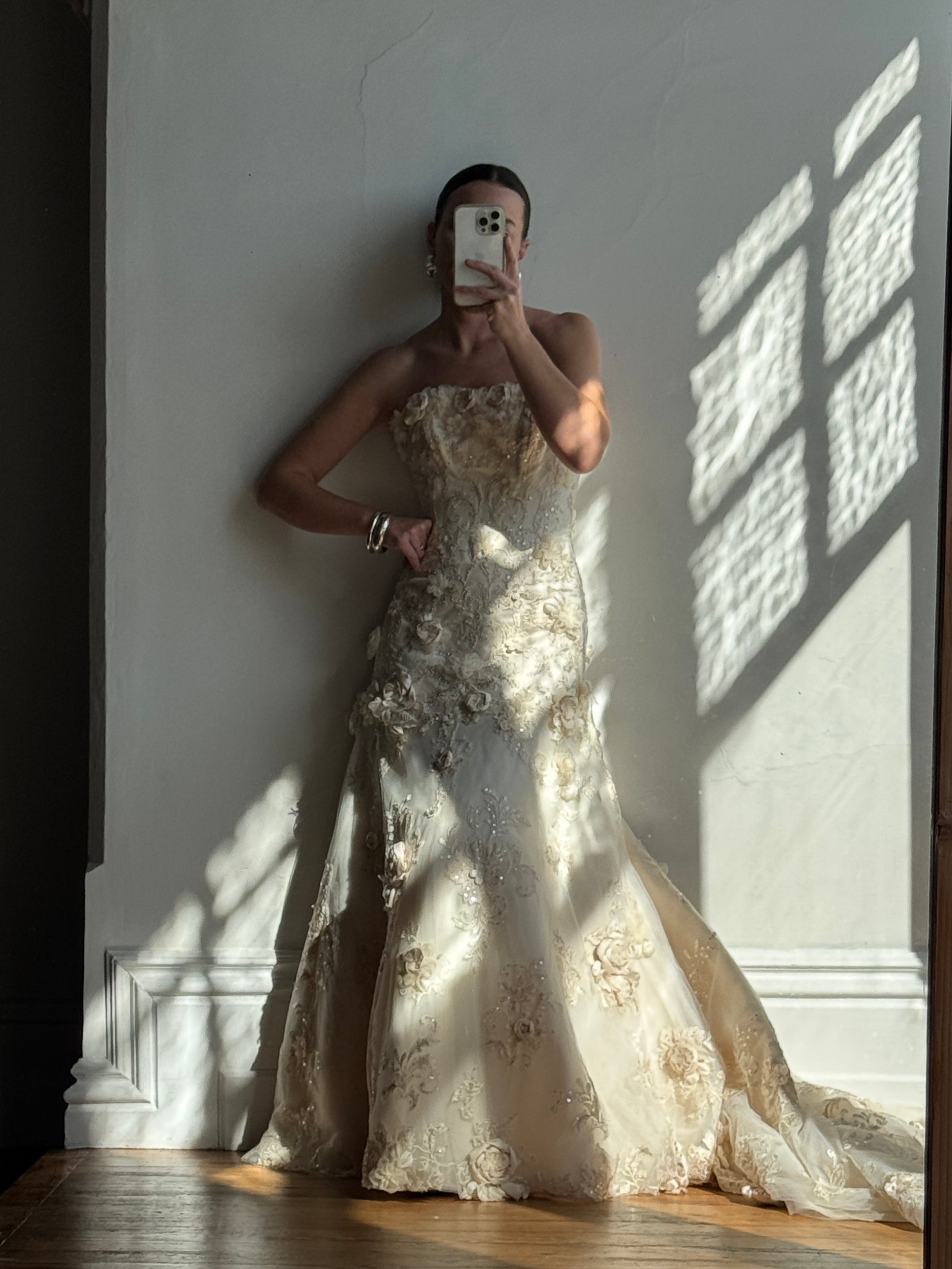 Vintage 90s Haute Couture 3D Floral Strapless Wedding Gown