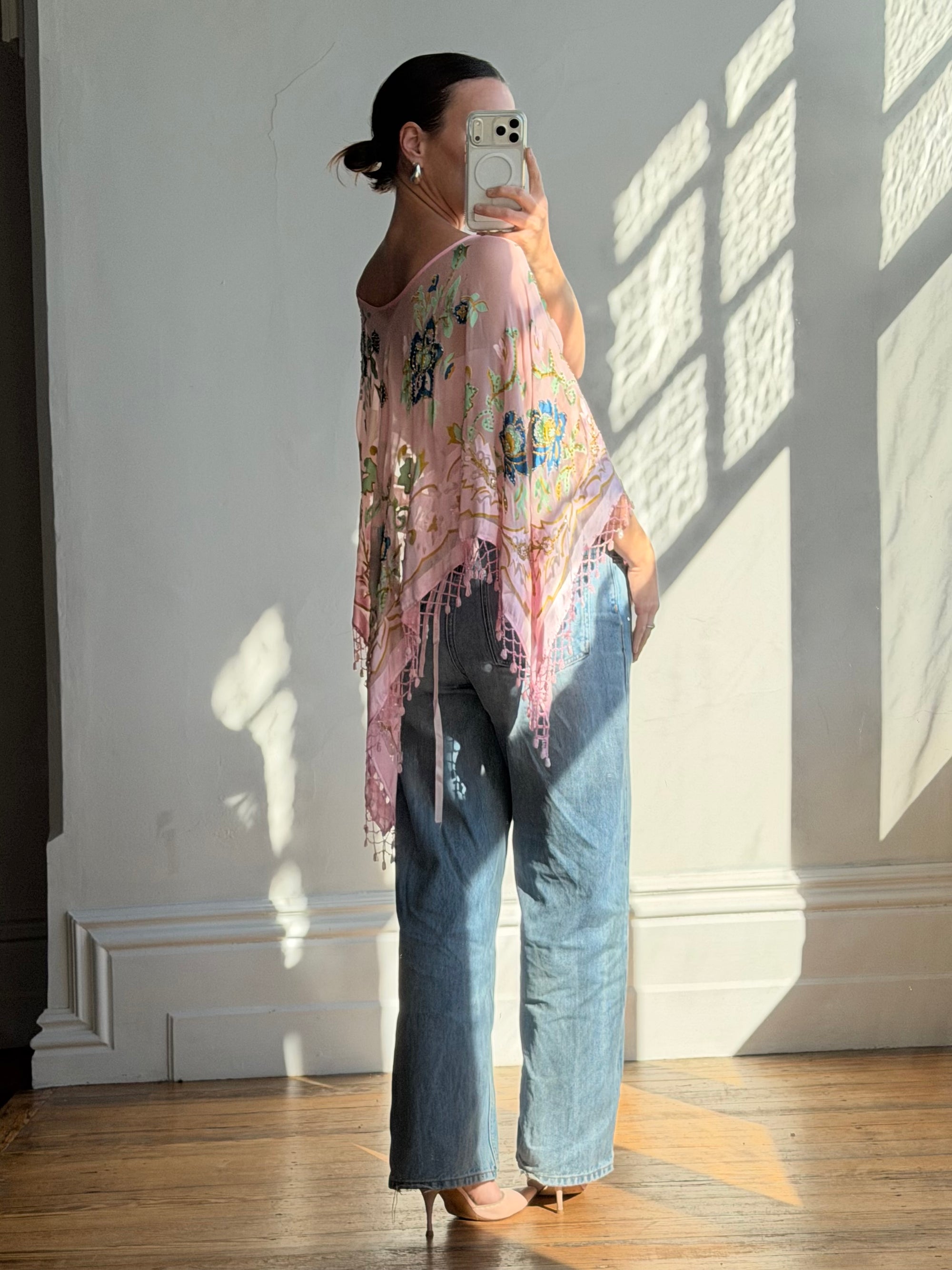 Vintage 90s Pink Floral Beaded Fringe Poncho