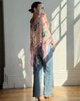 Vintage 90s Pink Floral Beaded Fringe Poncho