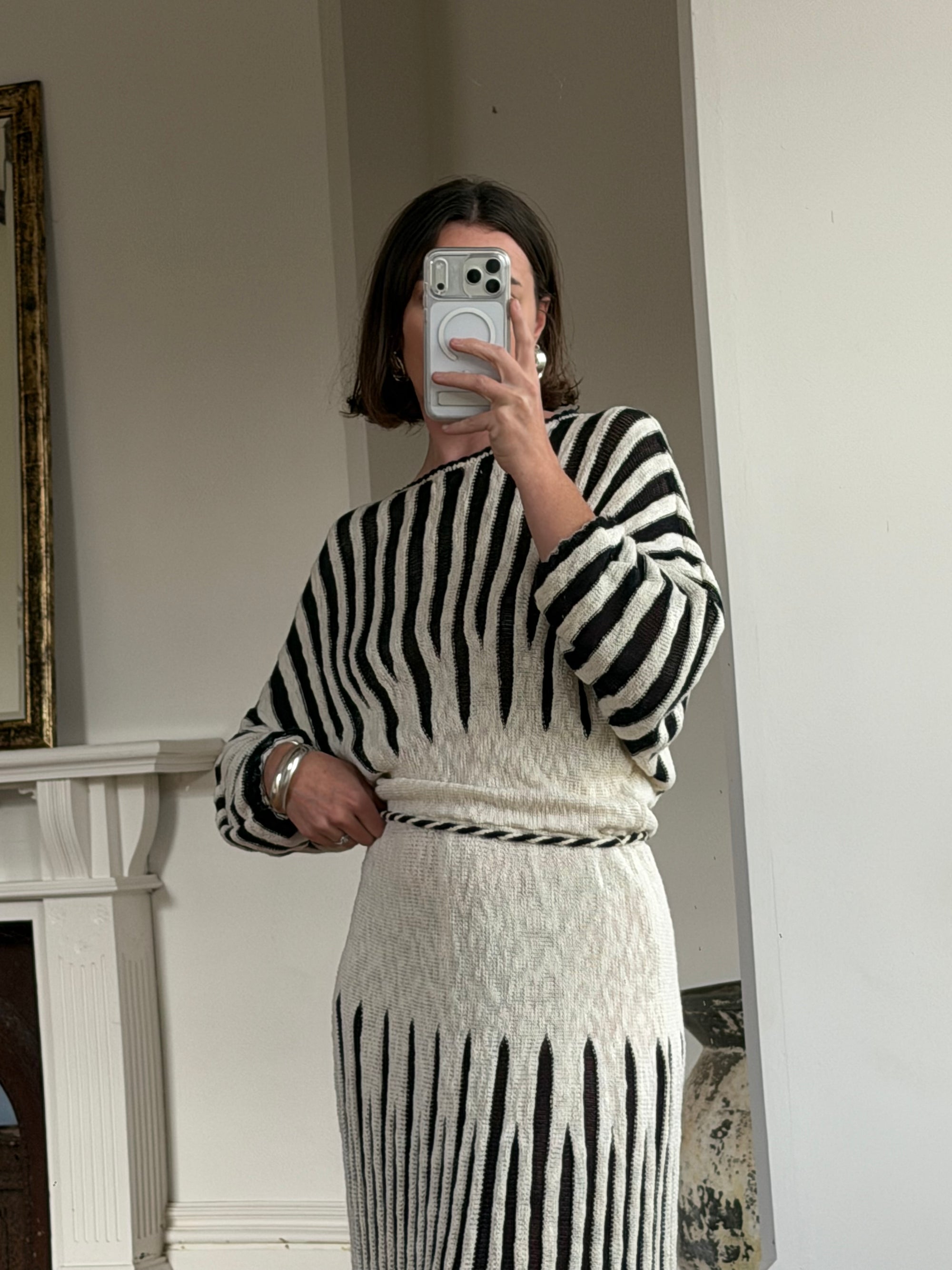 Vintage 70s Knit Batwing Midi Dress Black and Cream