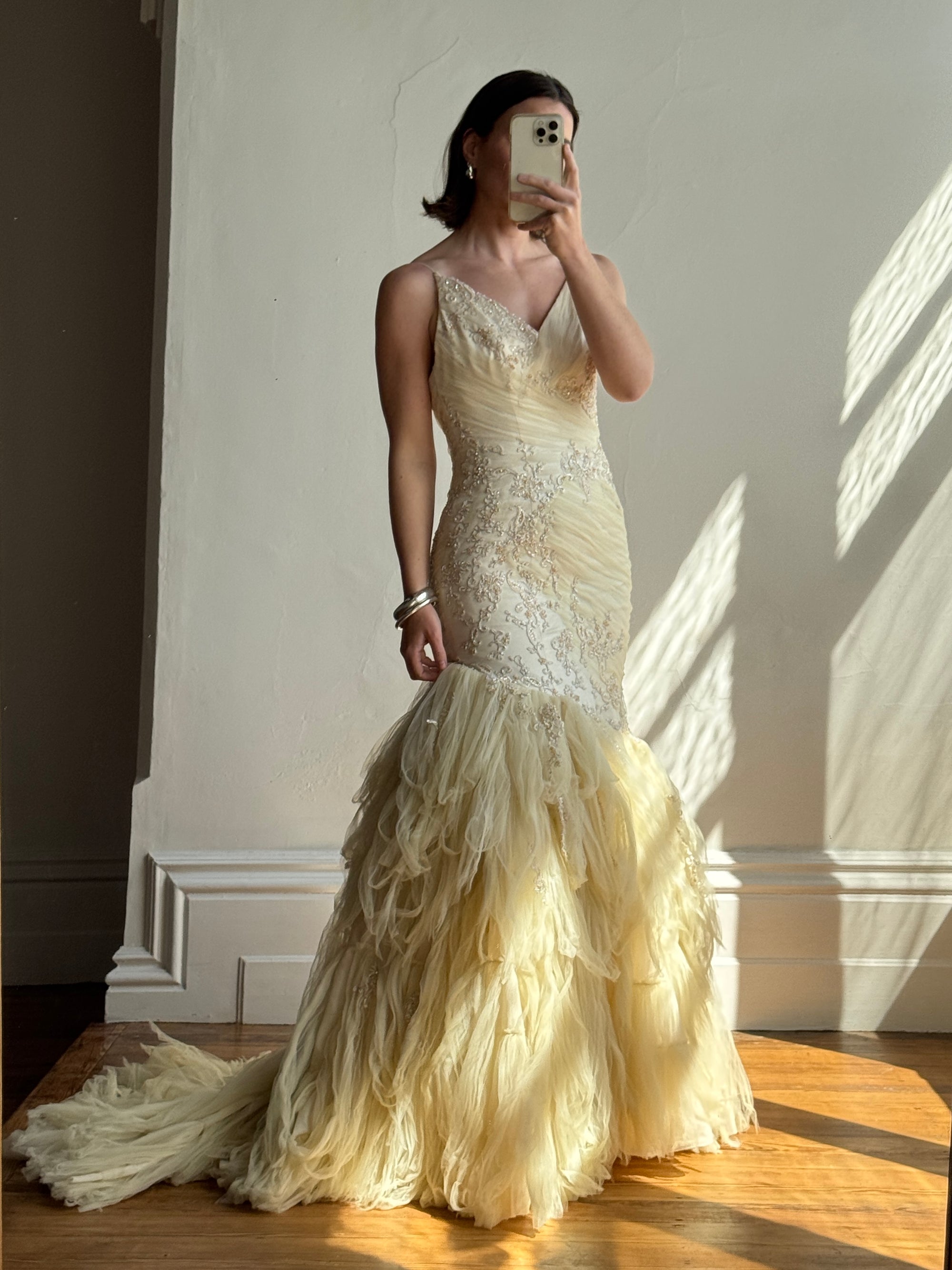 Vintage 90s Fishtail Beaded Tulle Wedding Gown Champagne