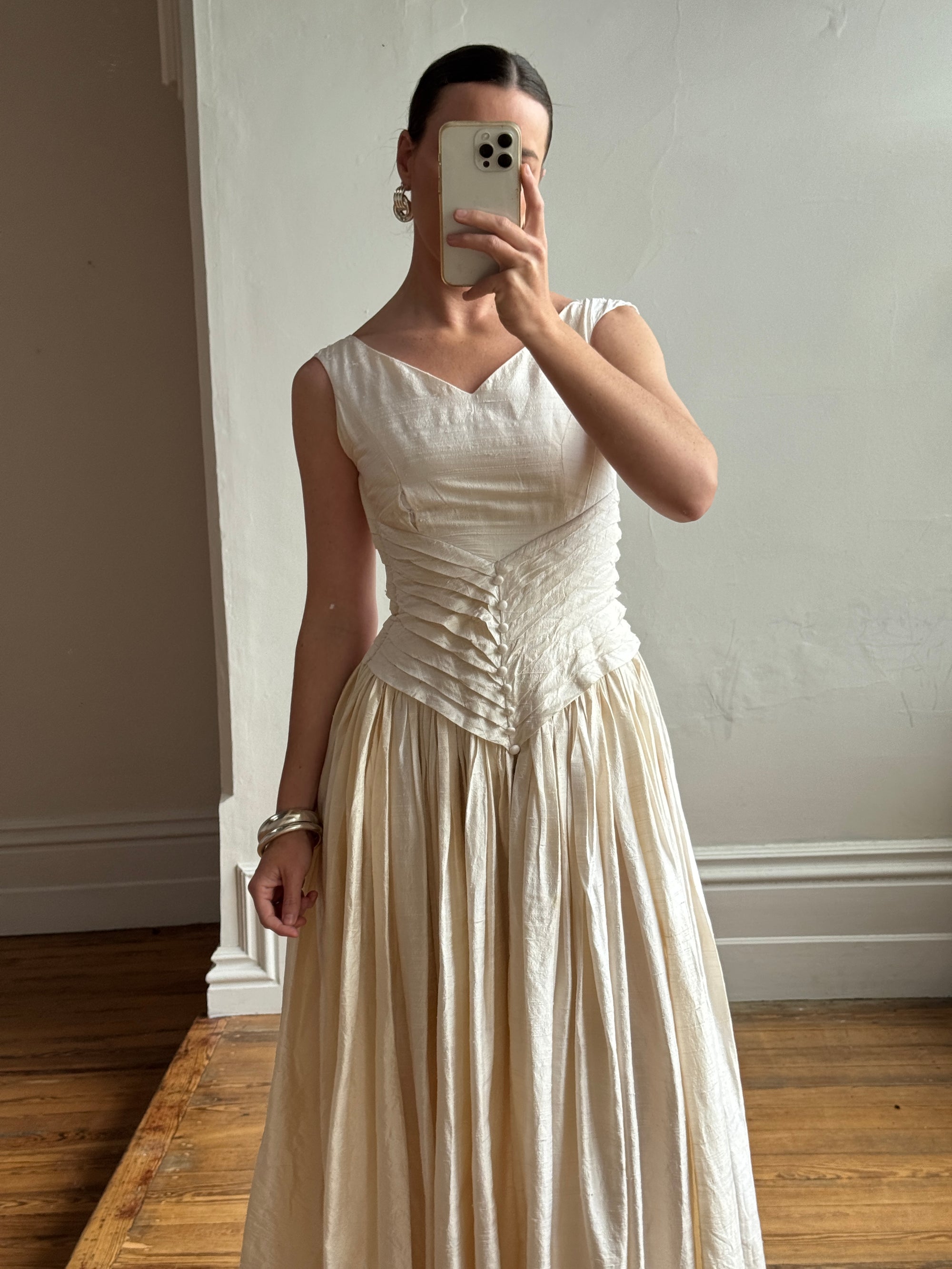 Vintage 90s Pure Silk Pleated Waist Wedding Dress