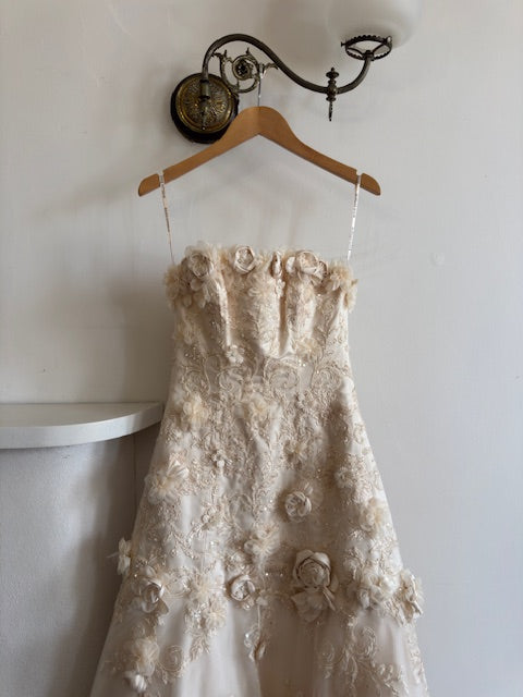 Vintage 90s Haute Couture 3D Floral Strapless Wedding Gown