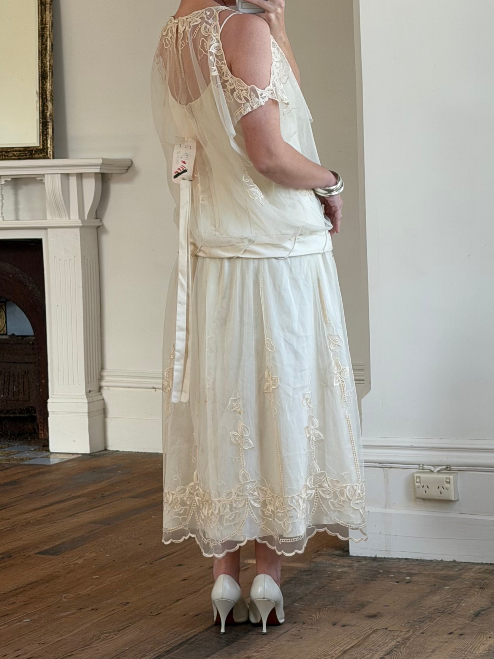 Vintage 80s Drop Waist Floral Sheer Midi Dress Creme
