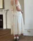 Vintage 80s Drop Waist Floral Sheer Midi Dress Creme