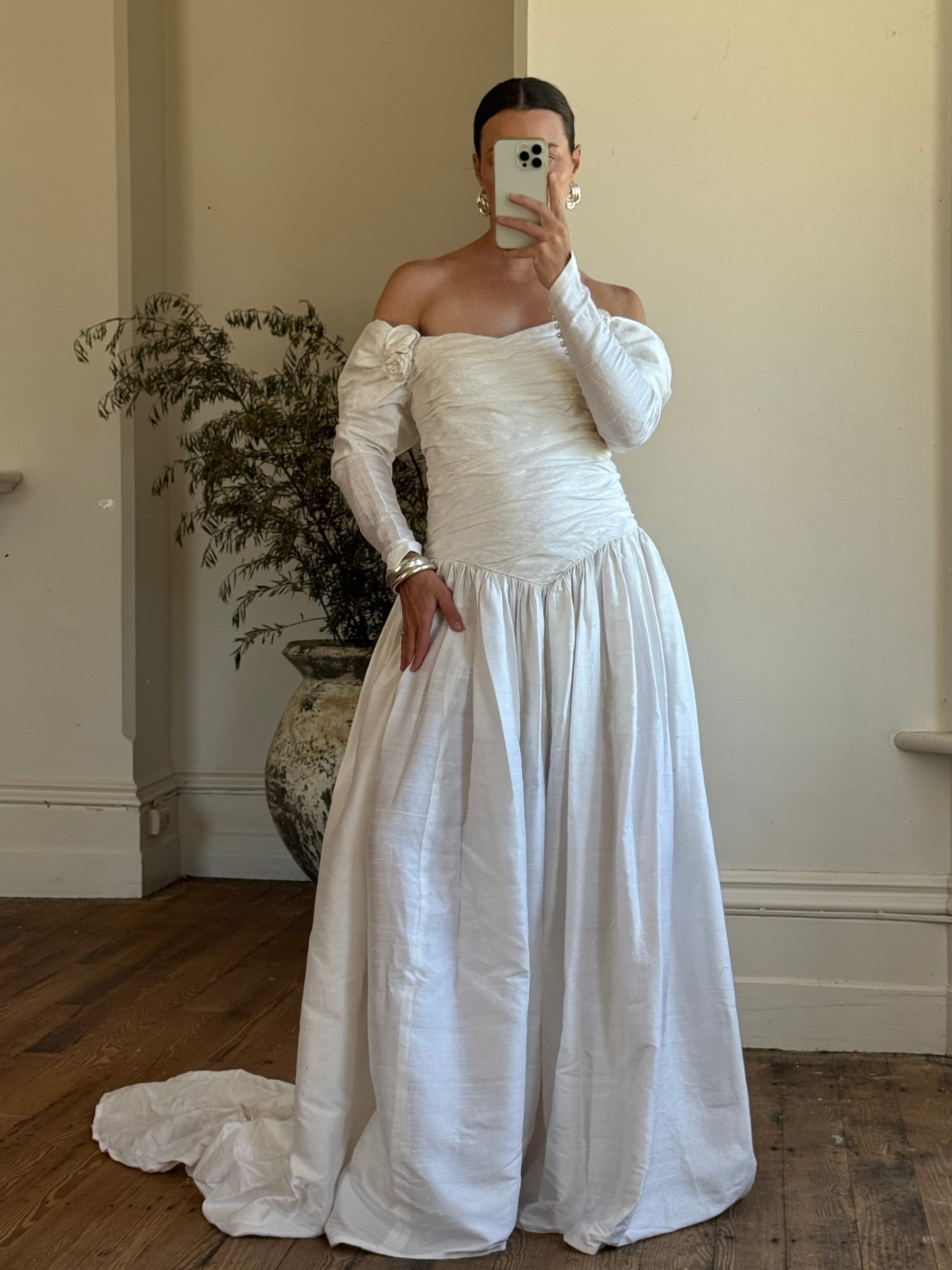 Vintage 90s Pure Silk Rosette Off Shoulder Wedding Gown