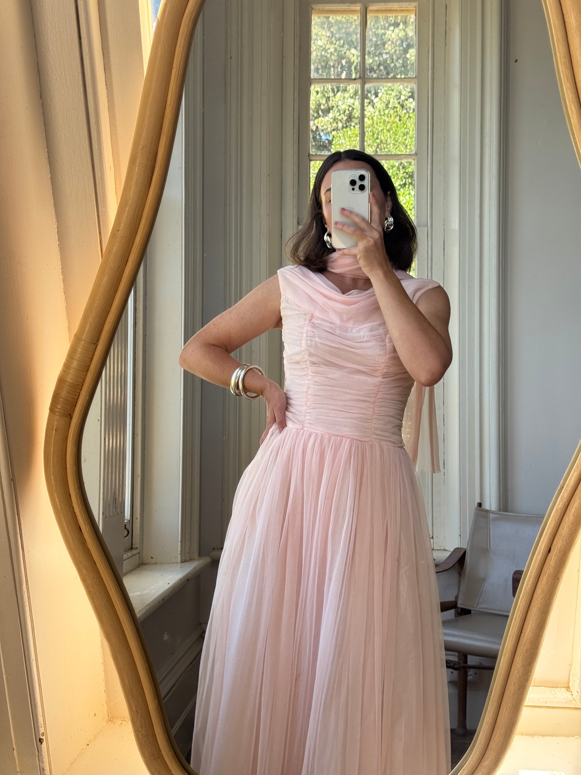 Vintage 60s Chiffon Gathered Pale Pink Maxi Gown