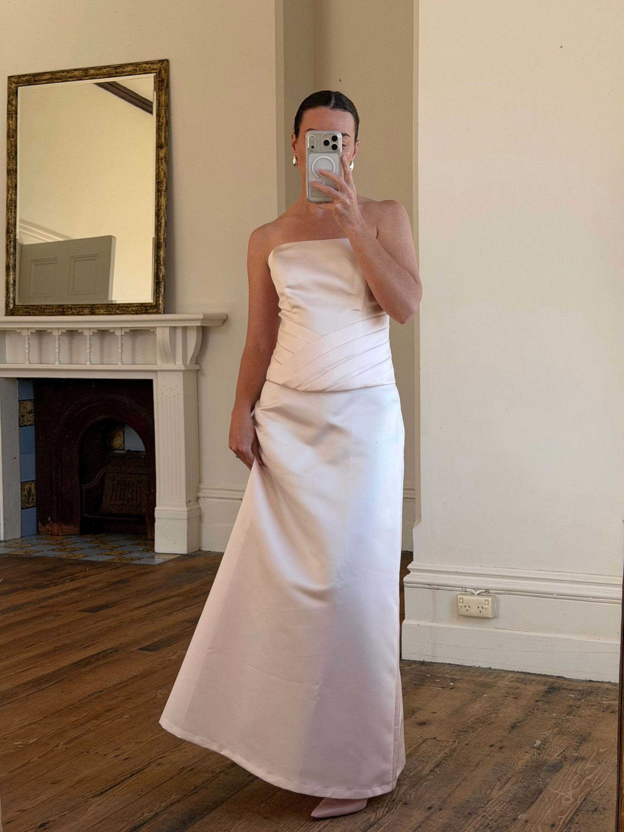Vintage 90s Baby Pink Satin Pleated Bustier and Skirt Set
