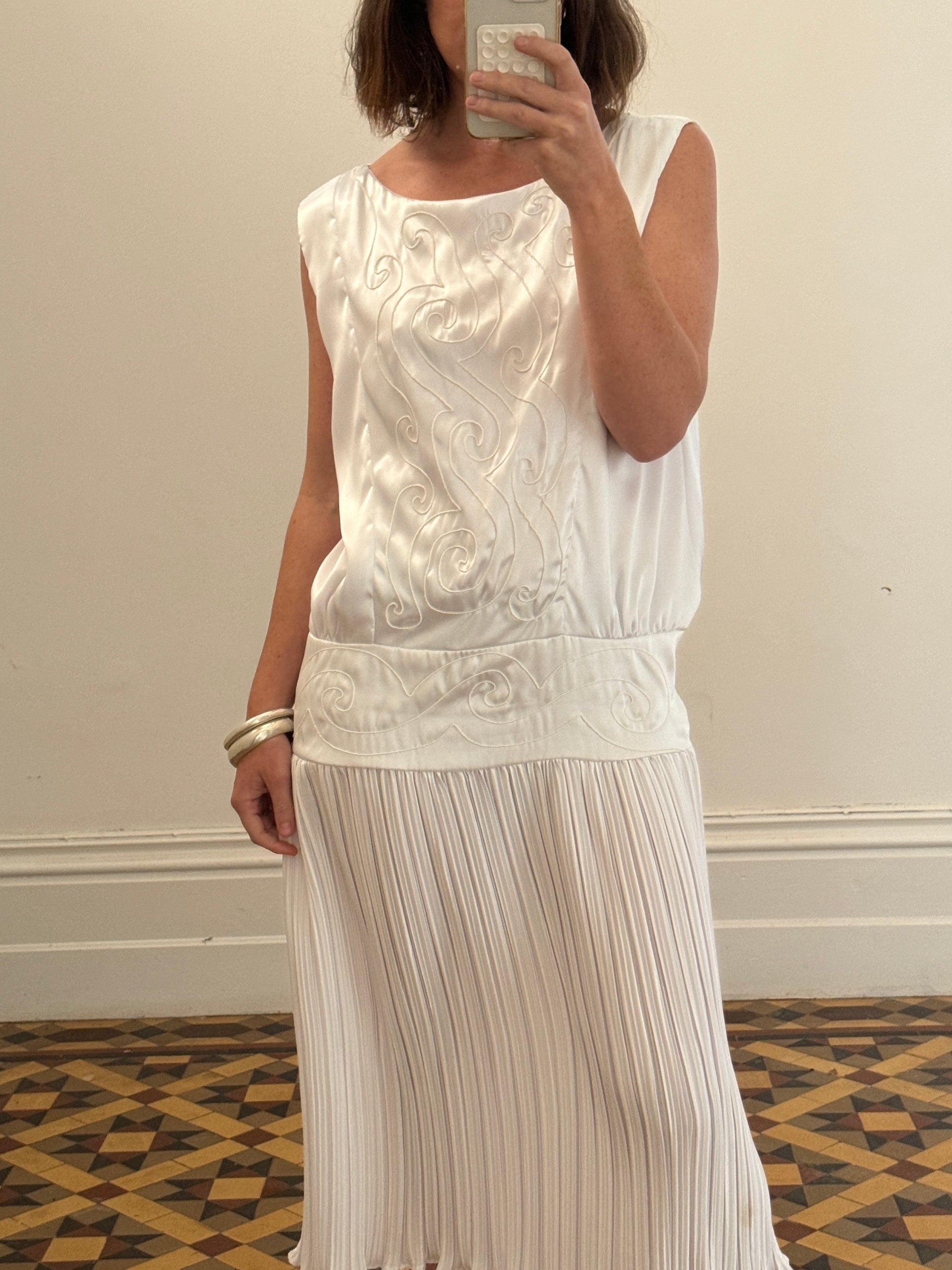 Vintage Embroidered White Satin Drop Waist Dress