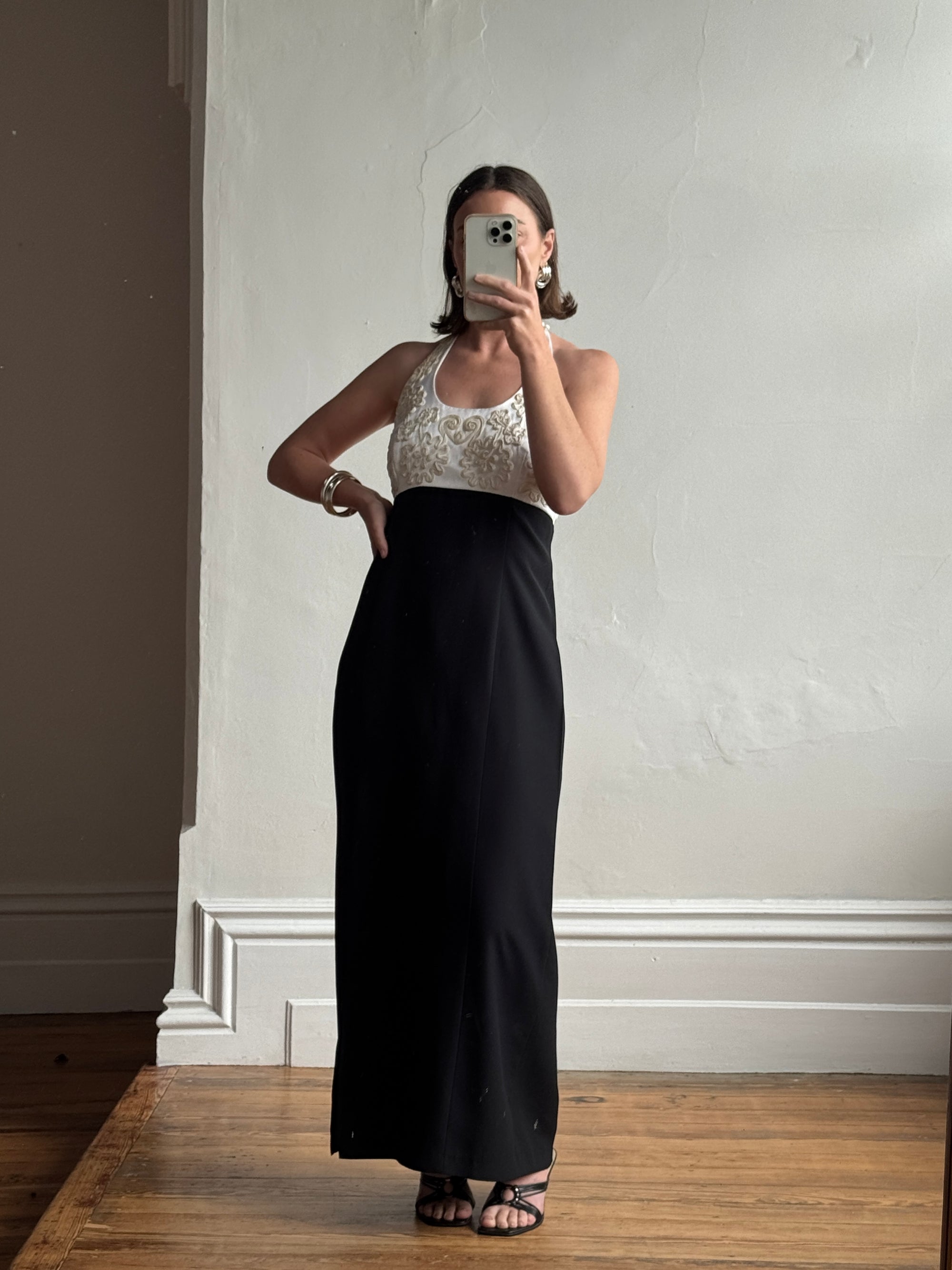 Vintage 90s Halter Crepe Contrast Rope Embroidery Midi Dress