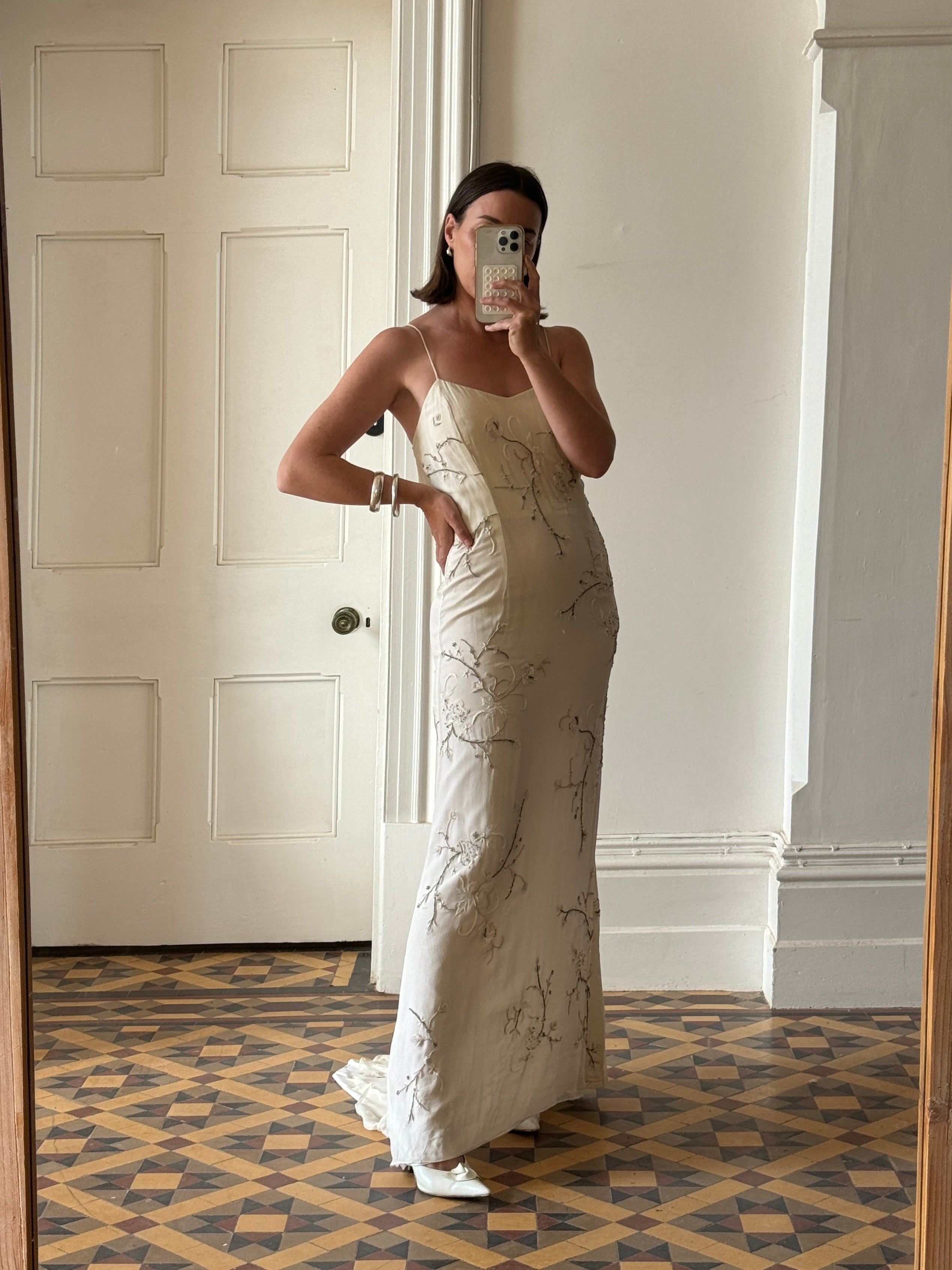Vintage 90s Pure Silk Slip Embellished Gown