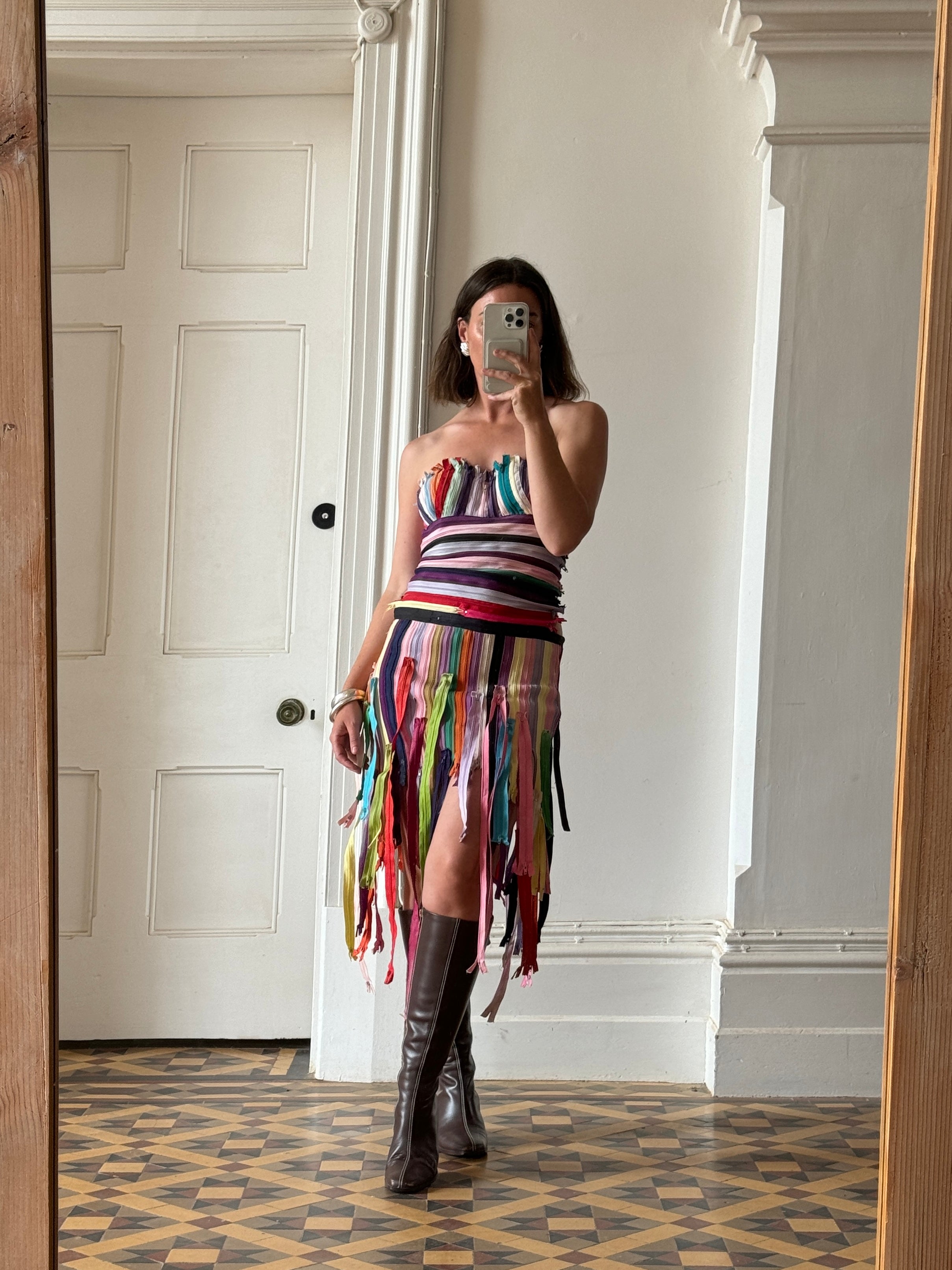 Vintage 90s Multi Coloured Zipper Low Rise Bustier Dress