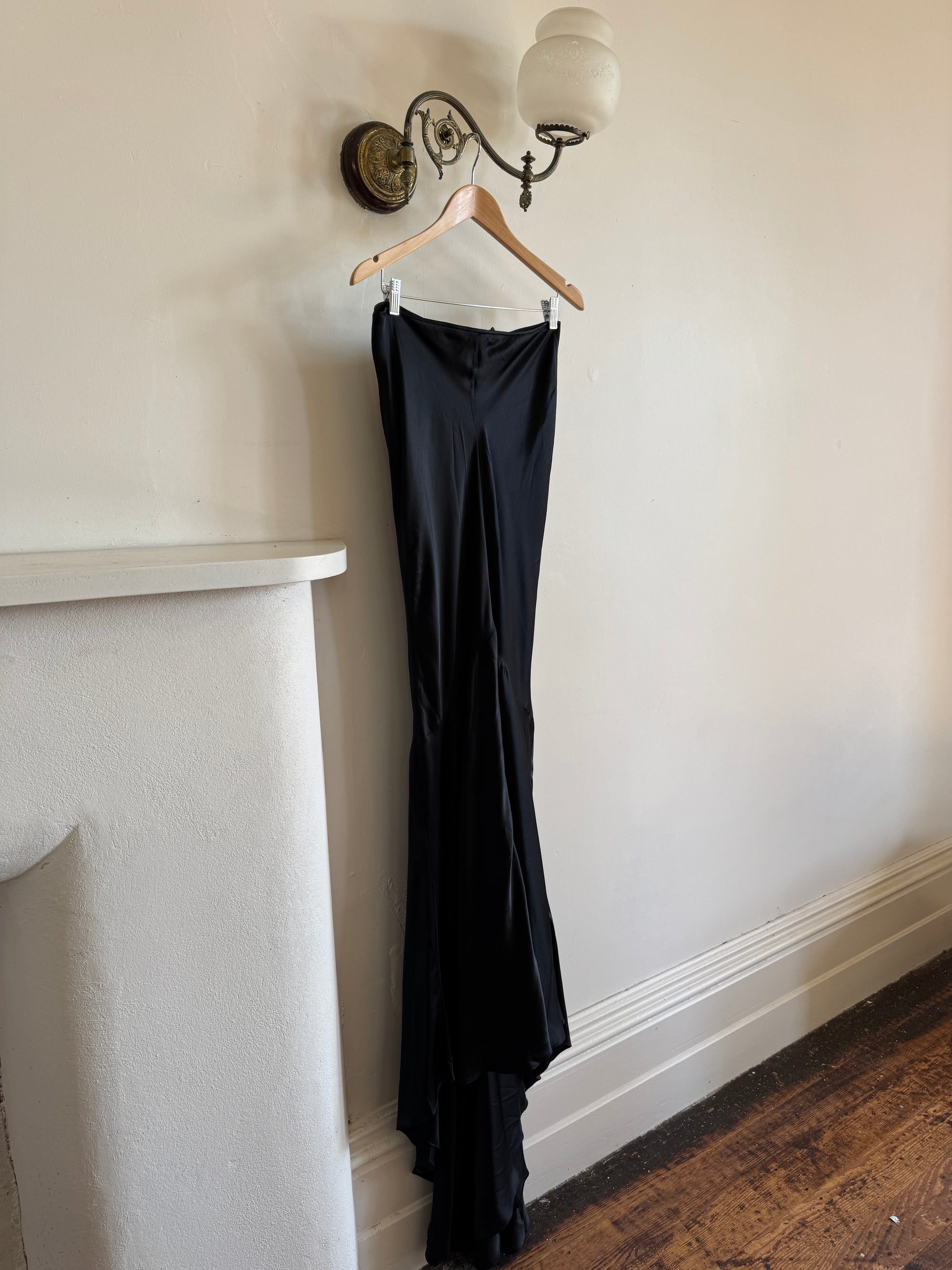 Vintage 90s Pure Silk Fishtail Skirt With Train Noir