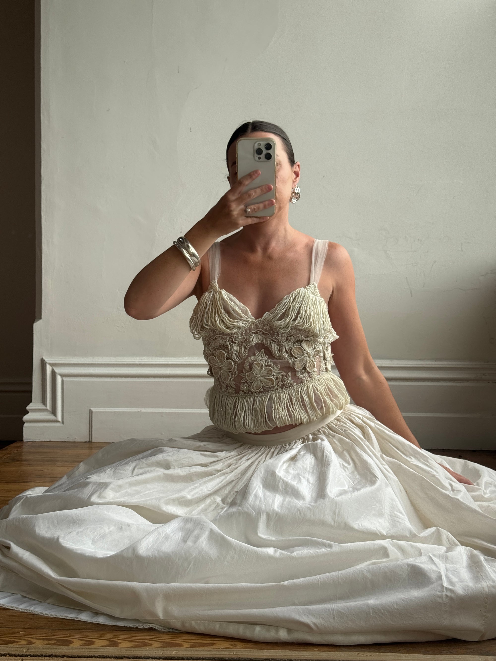 Vintage 90s Two Piece Tulle Beaded Top and Princess Silk Satin Skirt