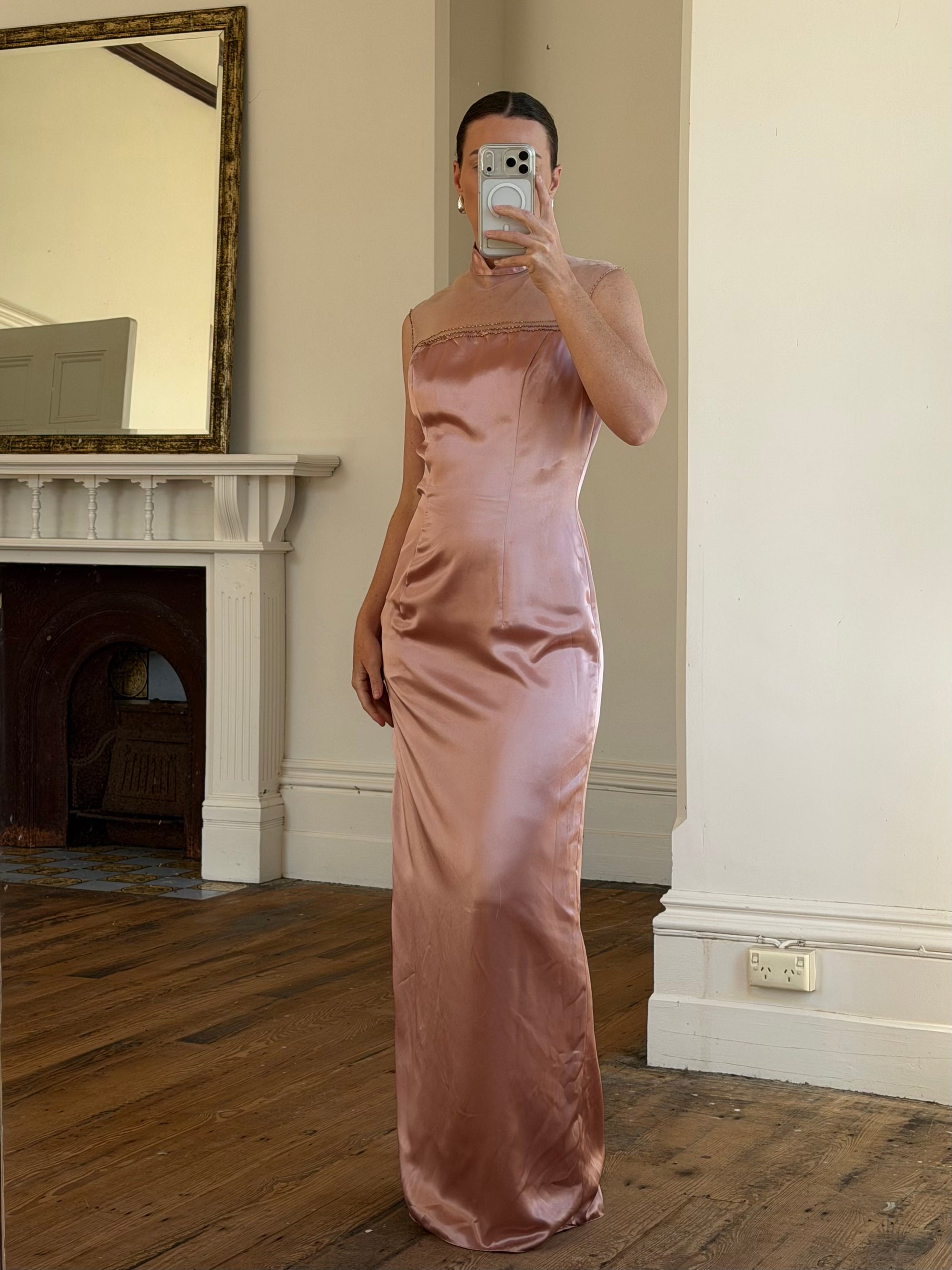 Vintage 90s Dusty Rose Satin High Neck Dress