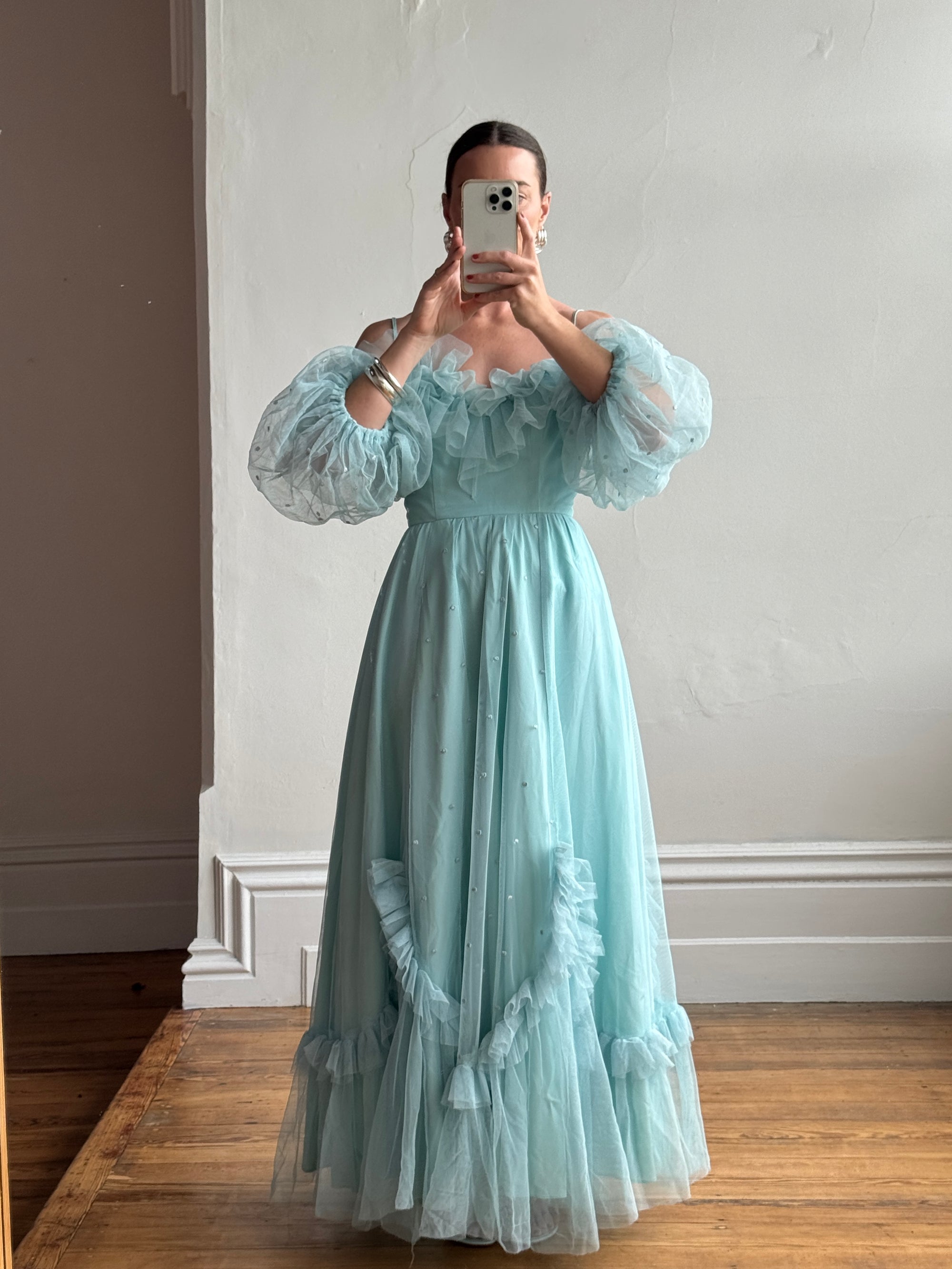 Vintage 80s Sky Blue Tulle Off Shoulder Party Dress