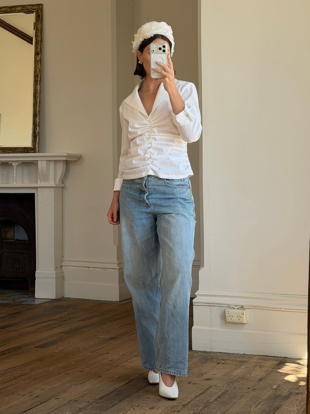 Vintage 90s Structured Collar Gathered Blouse Crisp White