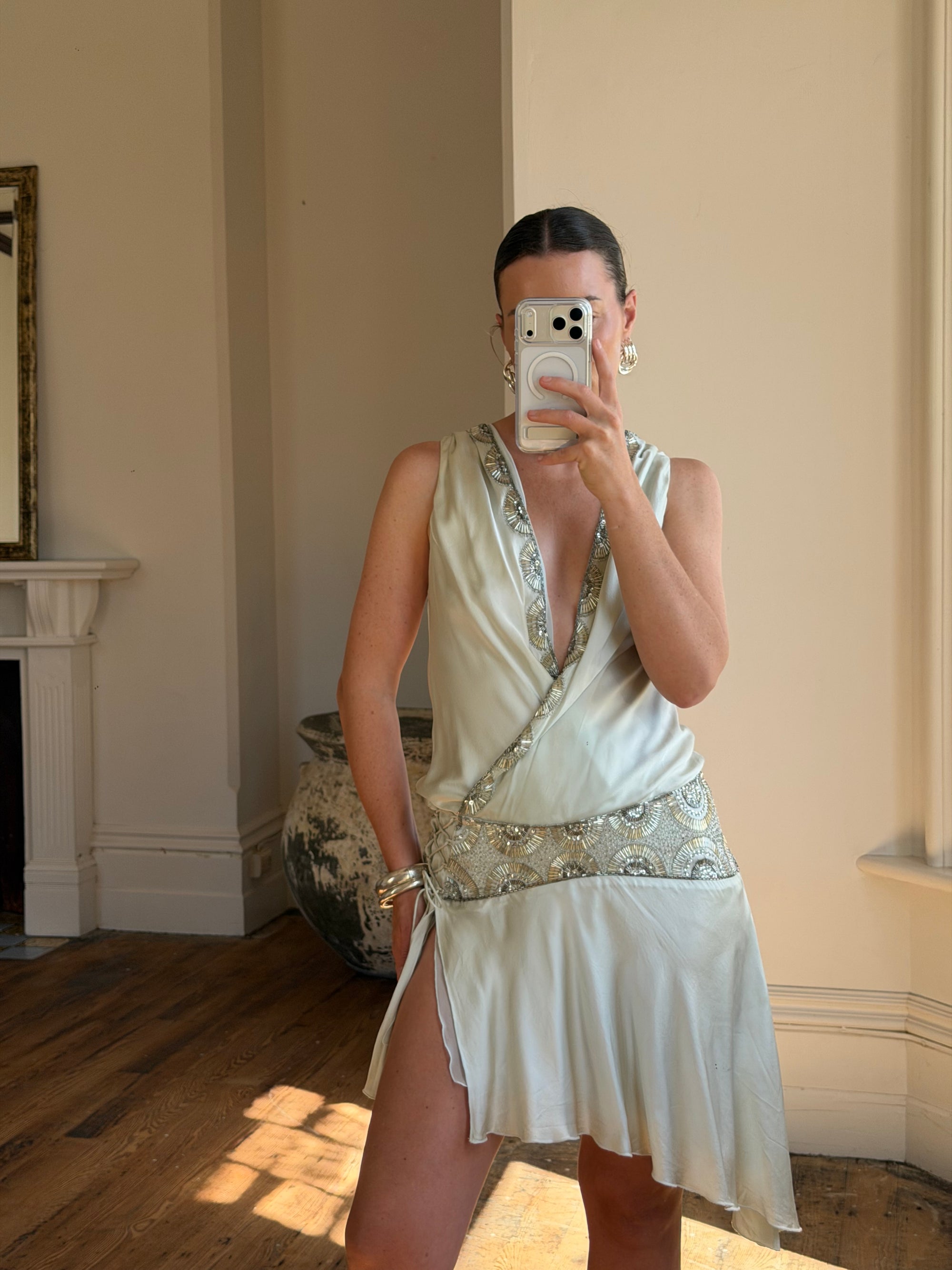 Vintage Y2K Pure Silk Drop Waist Beaded Mini Ice