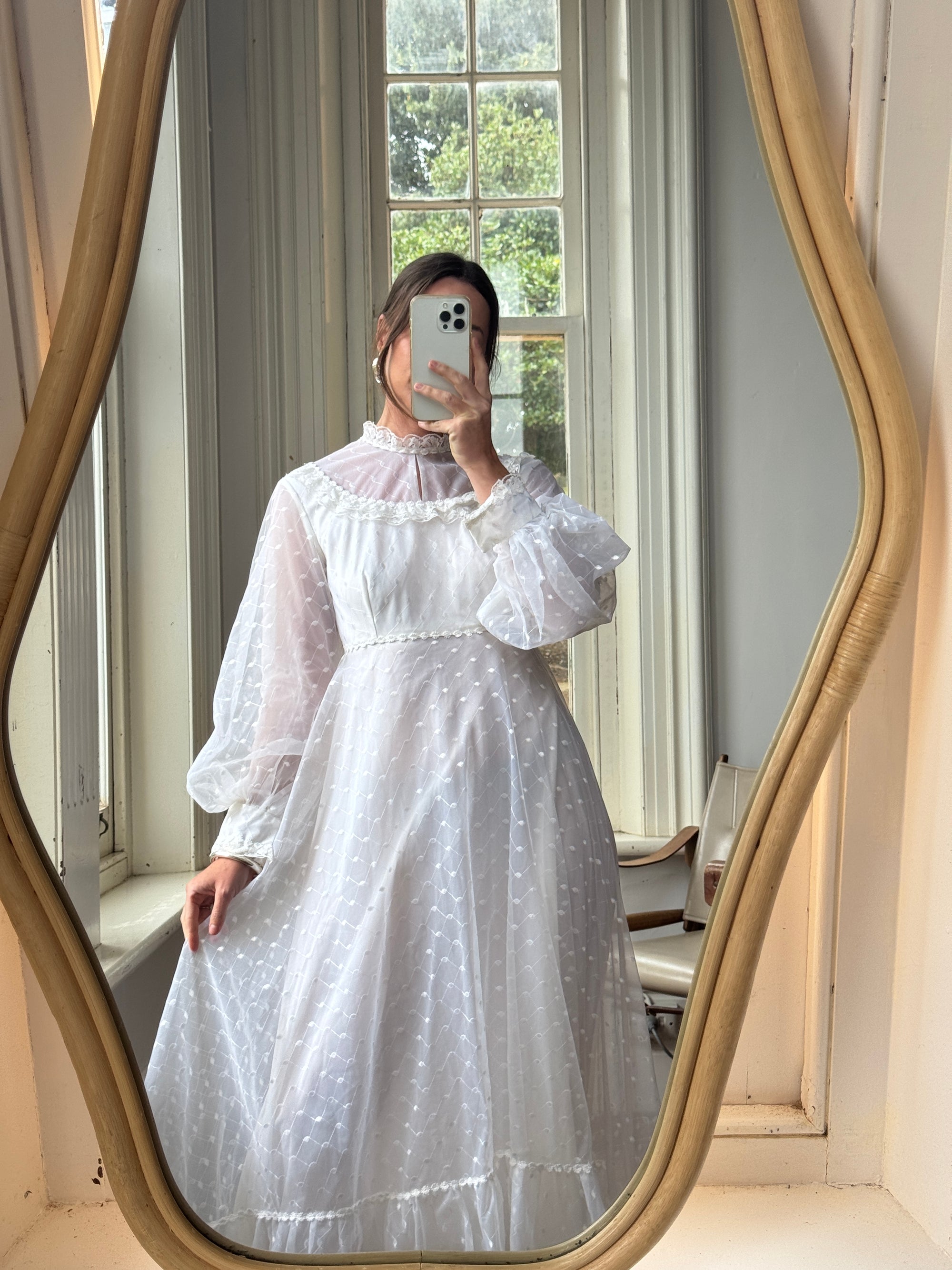 Vintage 70s Swiss Dot Prairie Wedding Dress