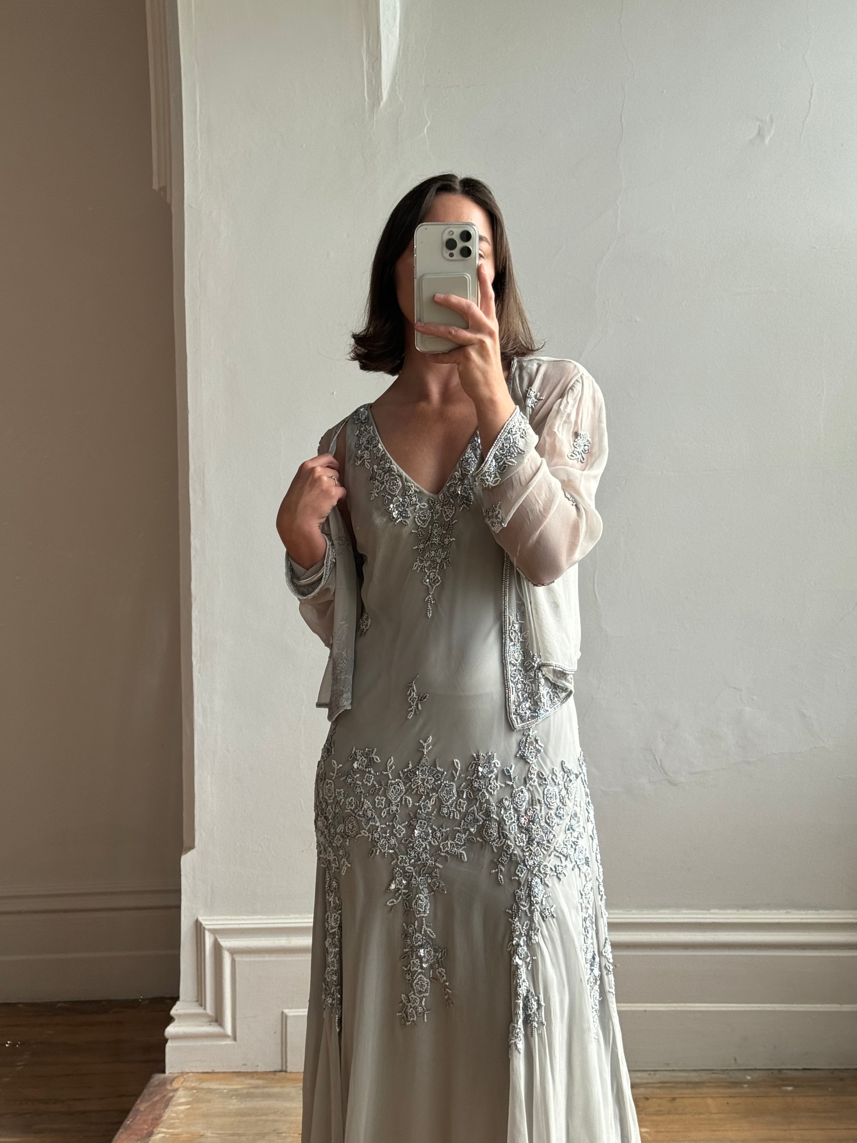 Vintage 90s Pure Silk Beaded V Neck Dress Light Grey