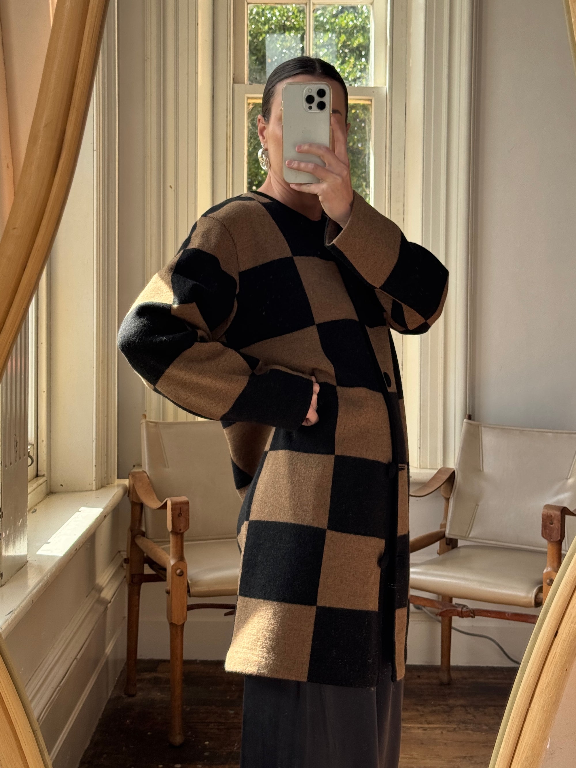 Vintage 80s Pure Wool Checkerboard Oversized Cardi