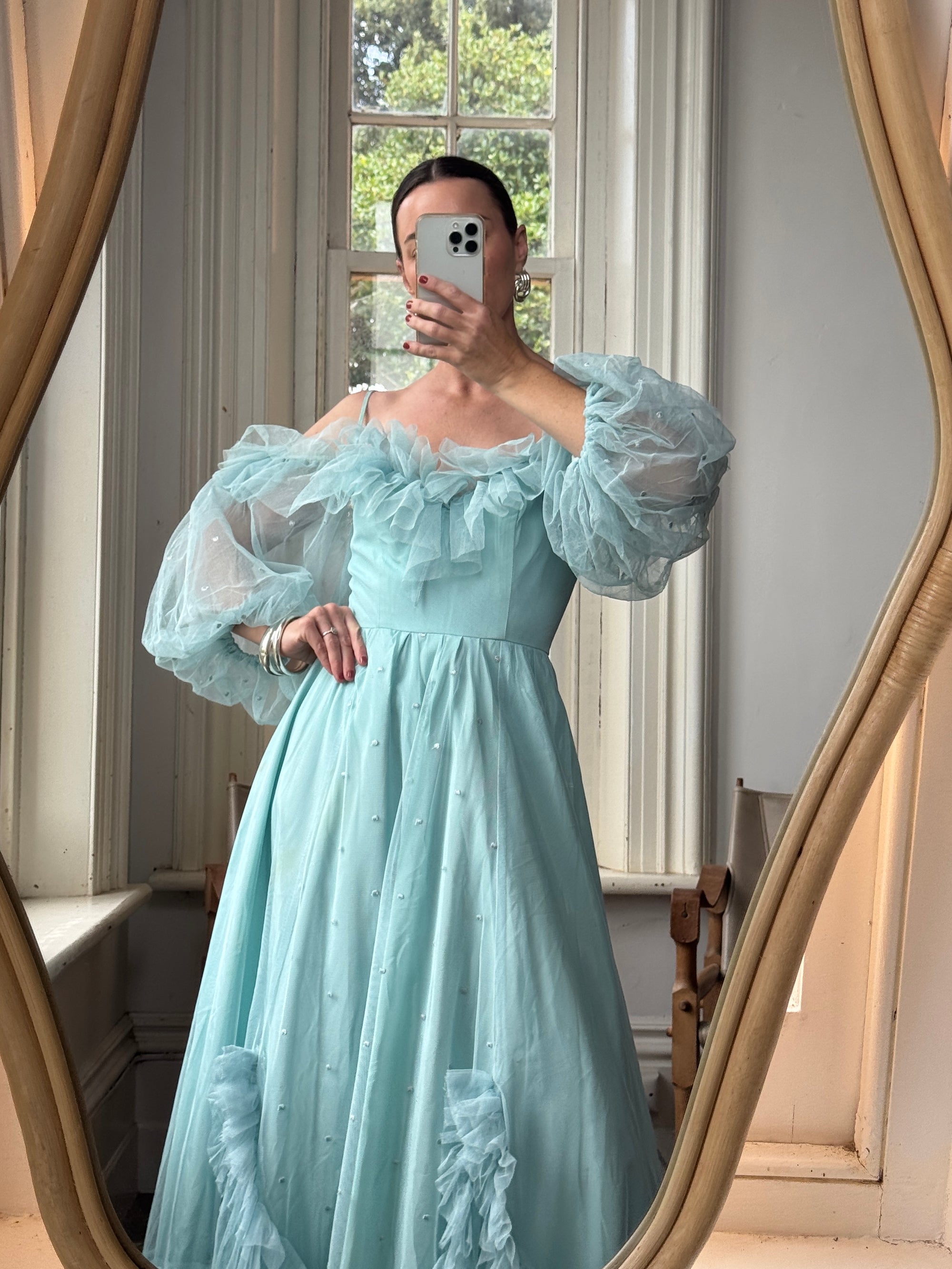 Vintage 80s Sky Blue Tulle Off Shoulder Party Dress