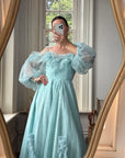 Vintage 80s Sky Blue Tulle Off Shoulder Party Dress