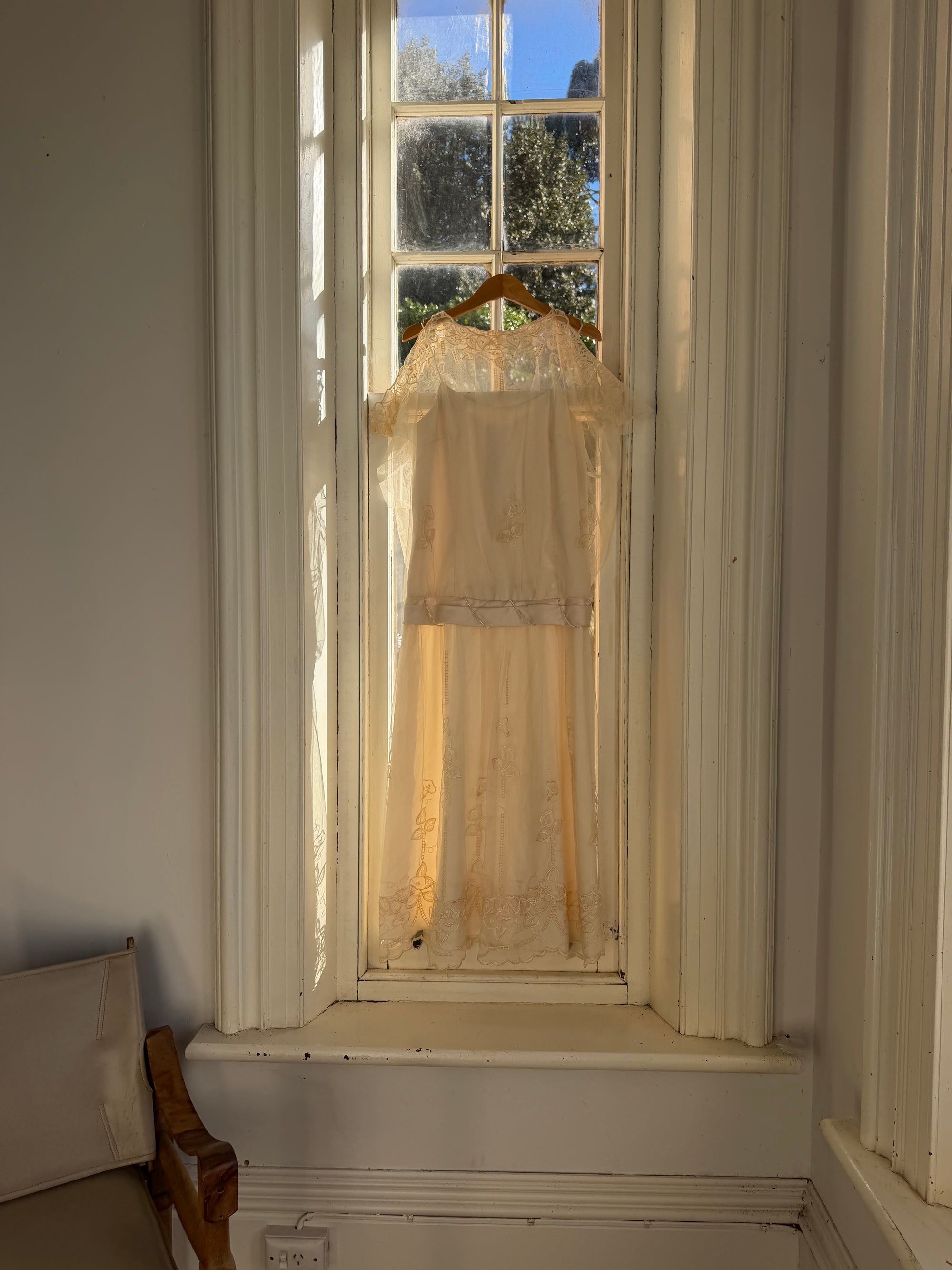Vintage 80s Drop Waist Floral Sheer Midi Dress Creme