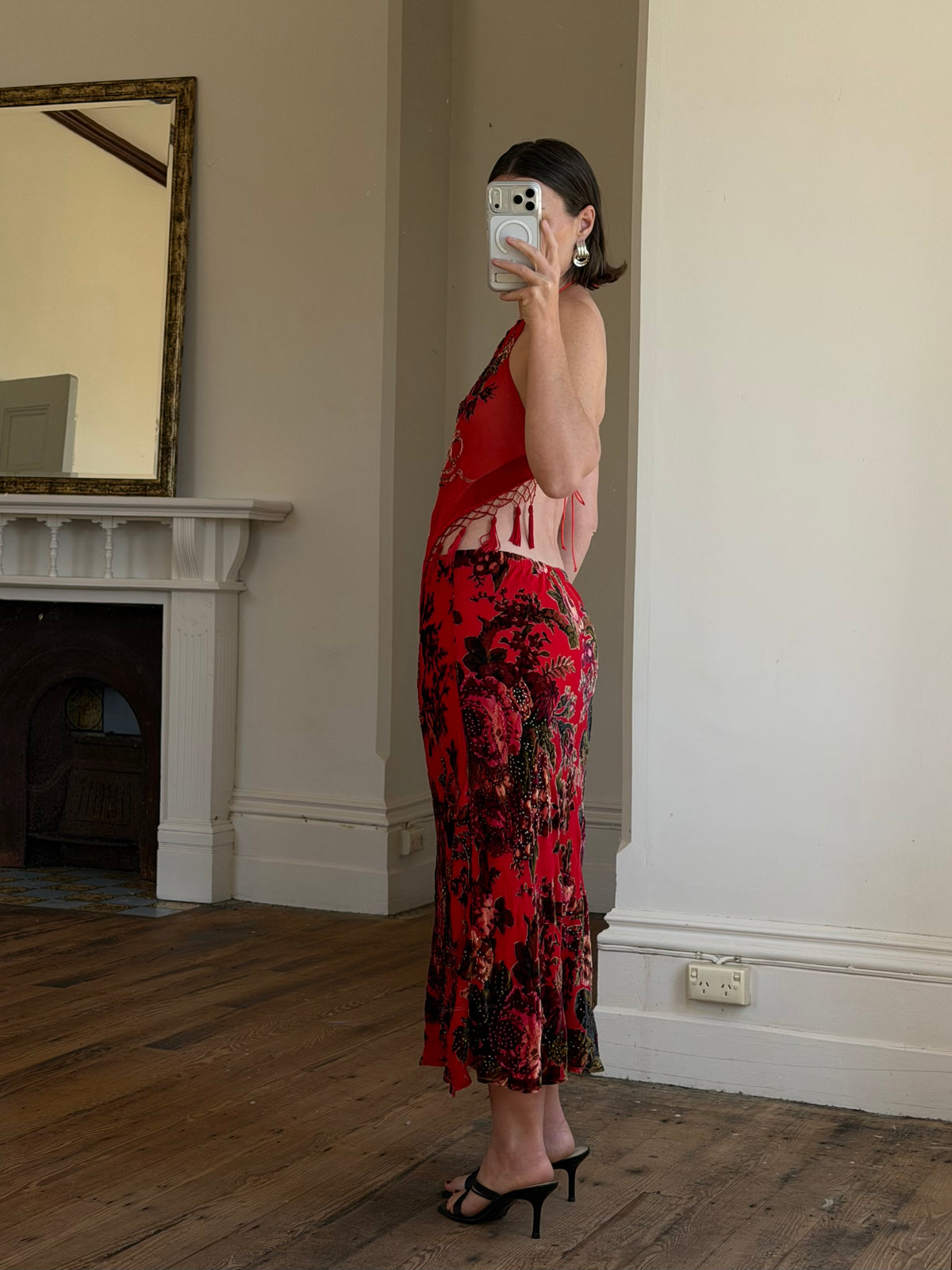 Vintage Y2K Burnt Velvet Beaded Fringe Halter and Skirt Set Crimson