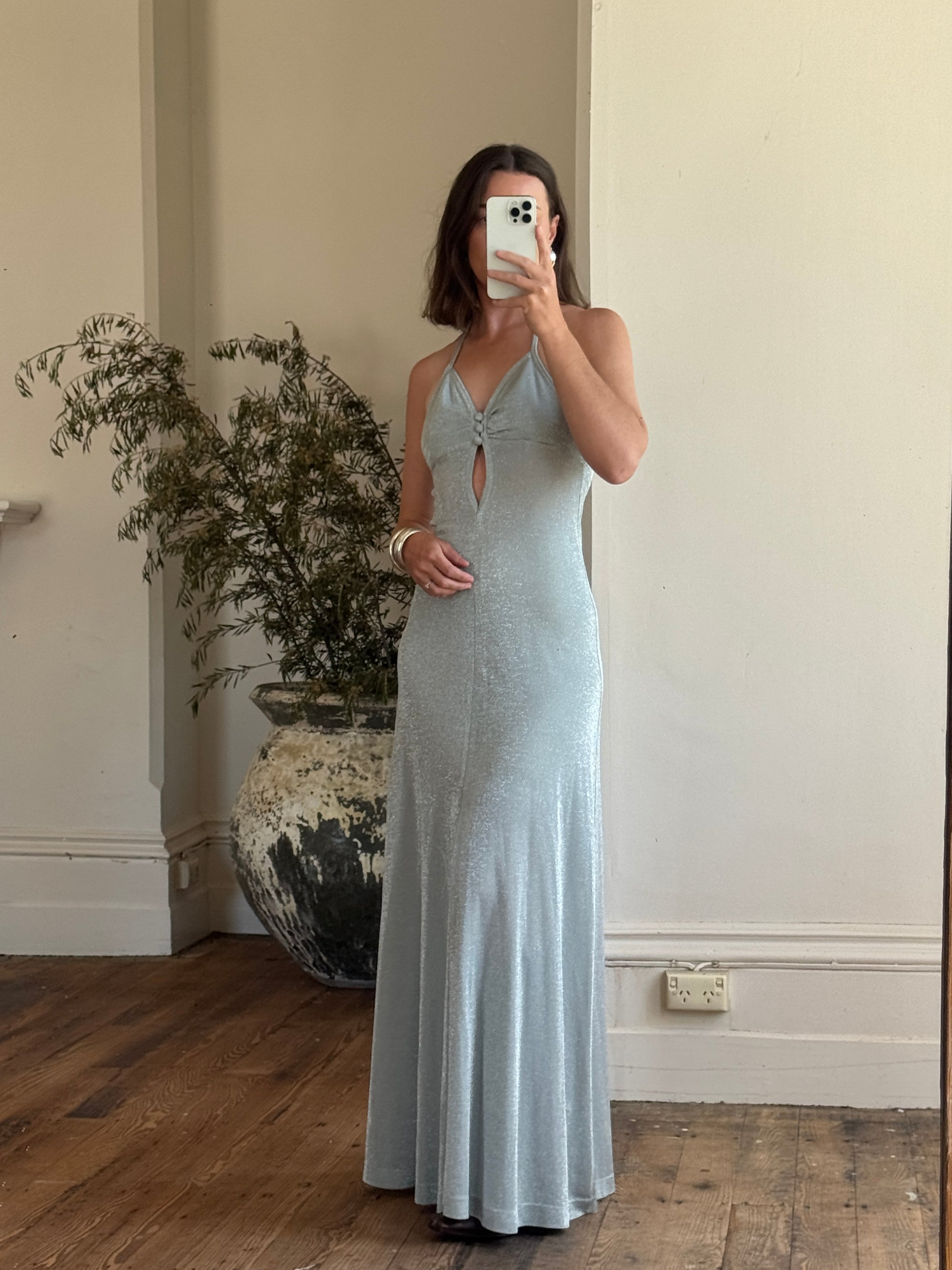 Vintage 70s Lurex Ice Blue Halter Maxi Dress