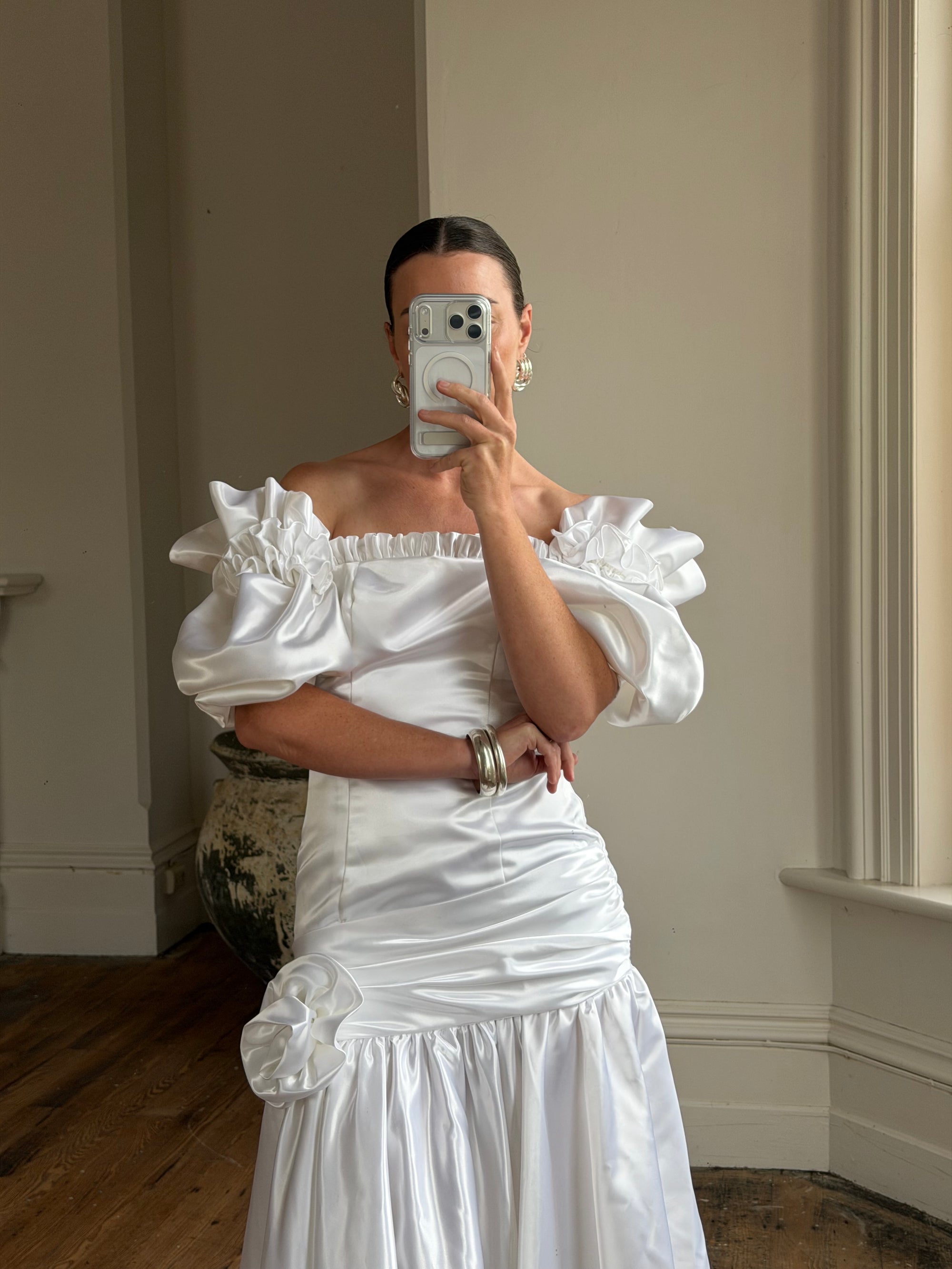 Vintage 80s Satin Drop Waist Wedding Gown