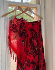 Vintage Y2K Burnt Velvet Beaded Fringe Halter and Skirt Set Crimson