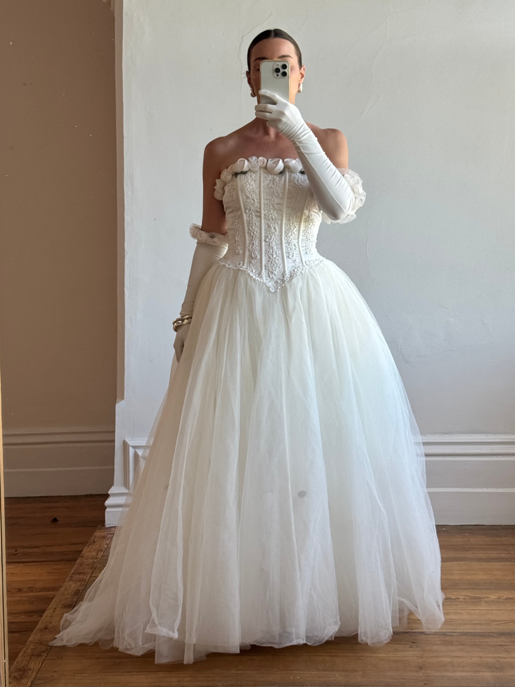 Vintage 90s Rosette Tulle Princess Wedding Gown with Gloves Call Me The Breeze Vintage 90s Rosette Tulle Princess Wedding Gown with Gloves Call Me The Breeze