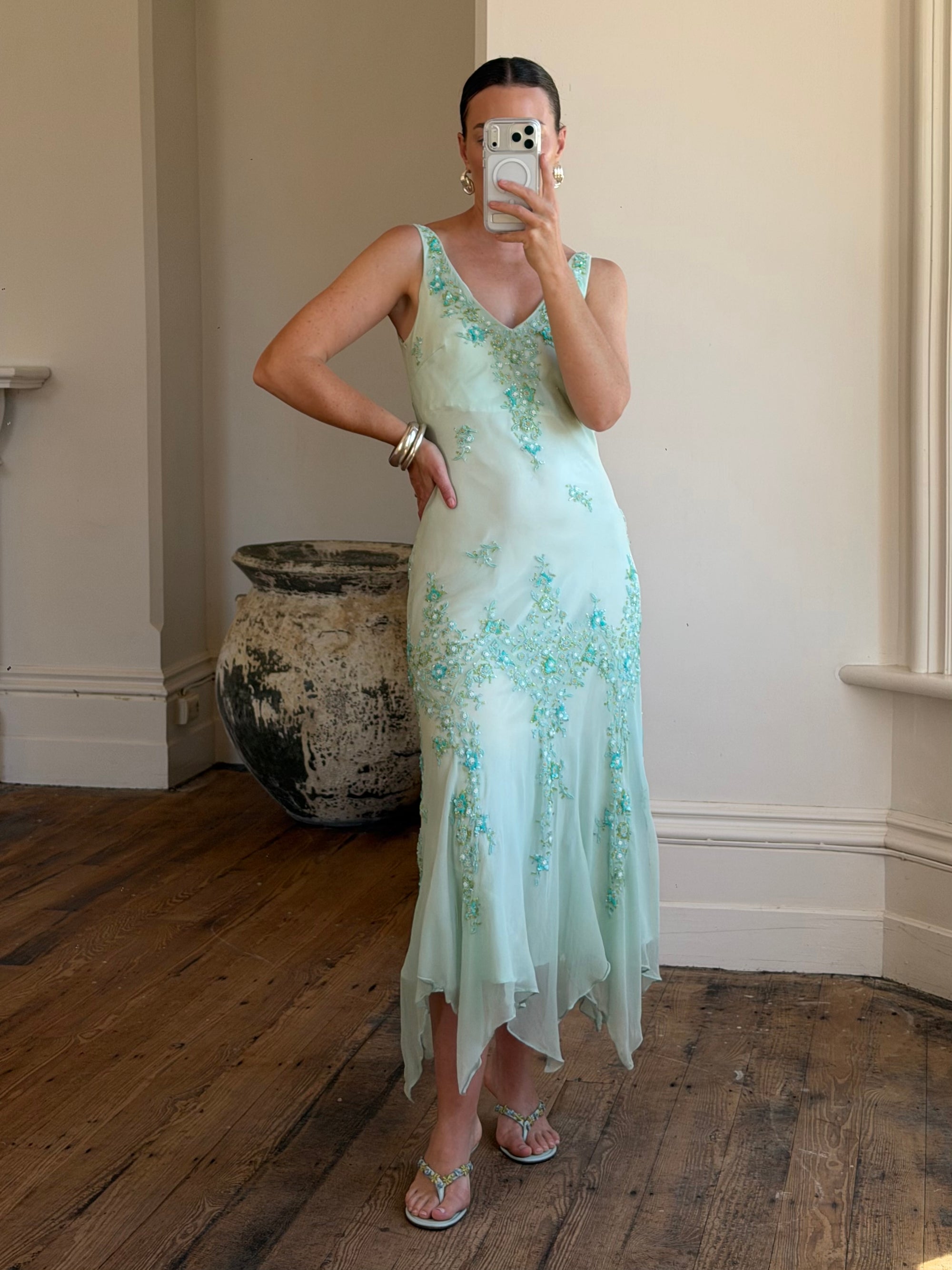 Vintage 90s Pure Silk Aquamarine Fairy Beaded Dress