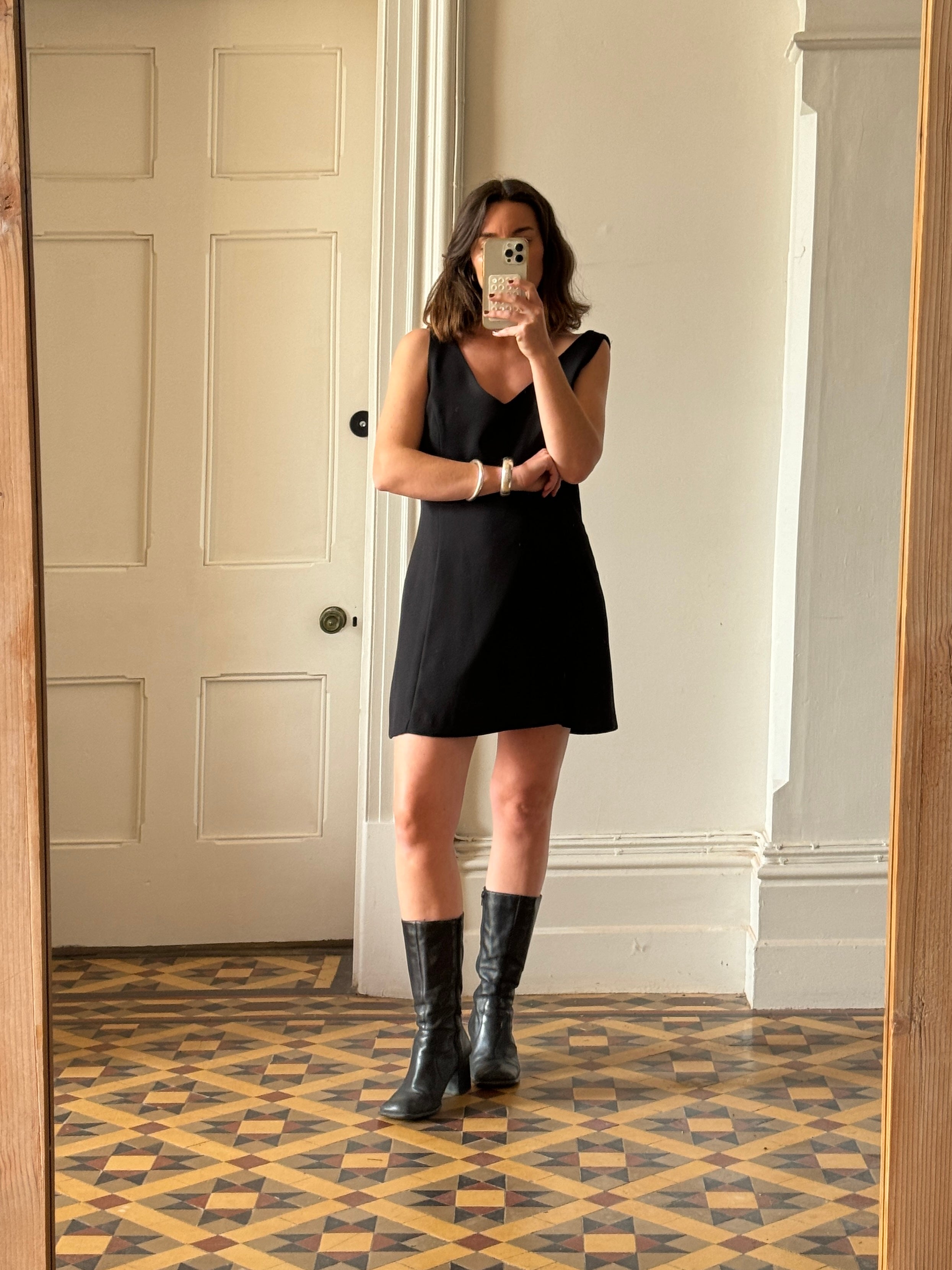 Vintage 90s Square Toe Genuine Leather Boots Noir