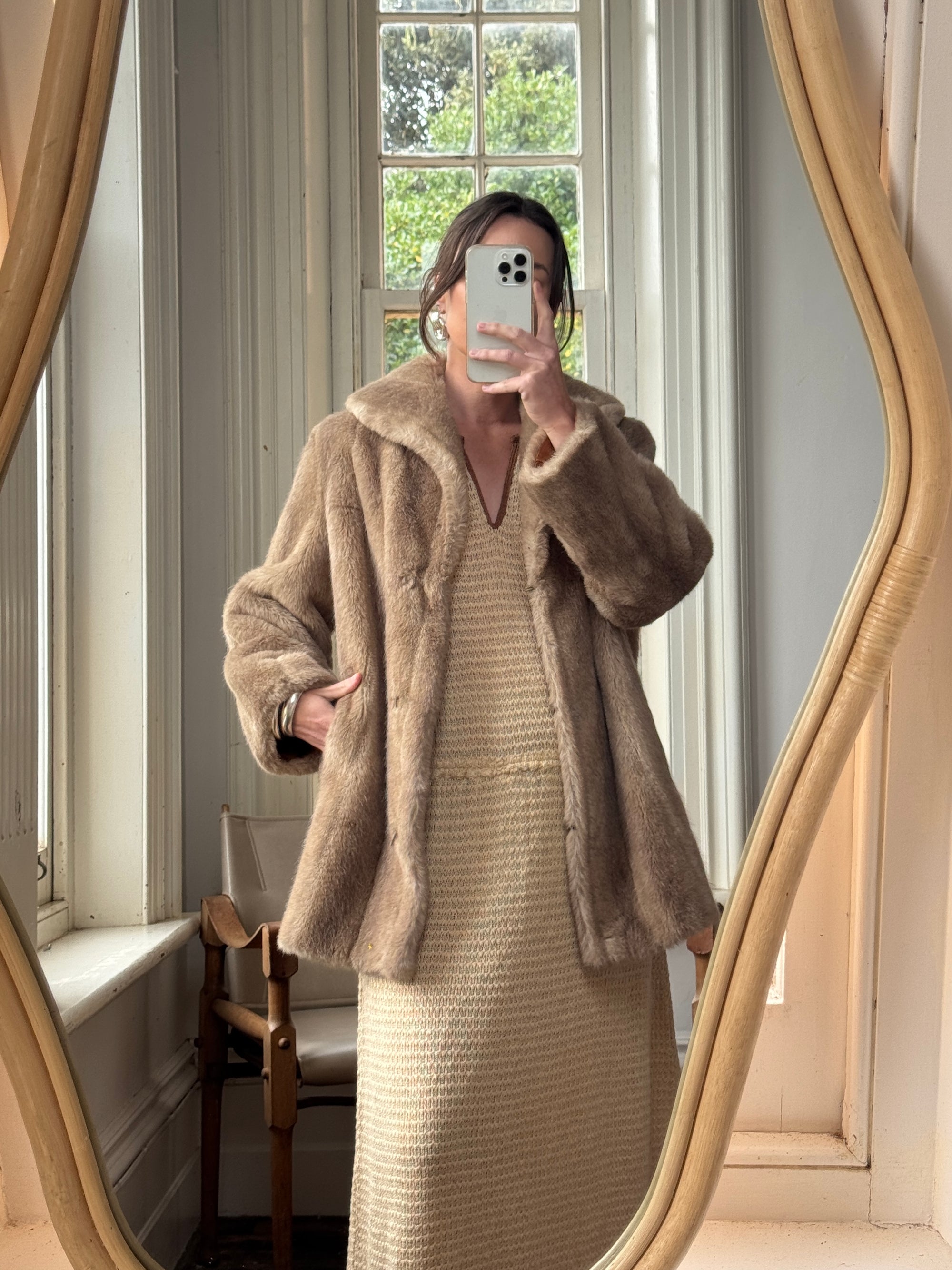 Vintage 60s Latte Faux Fur Mid Length Coat