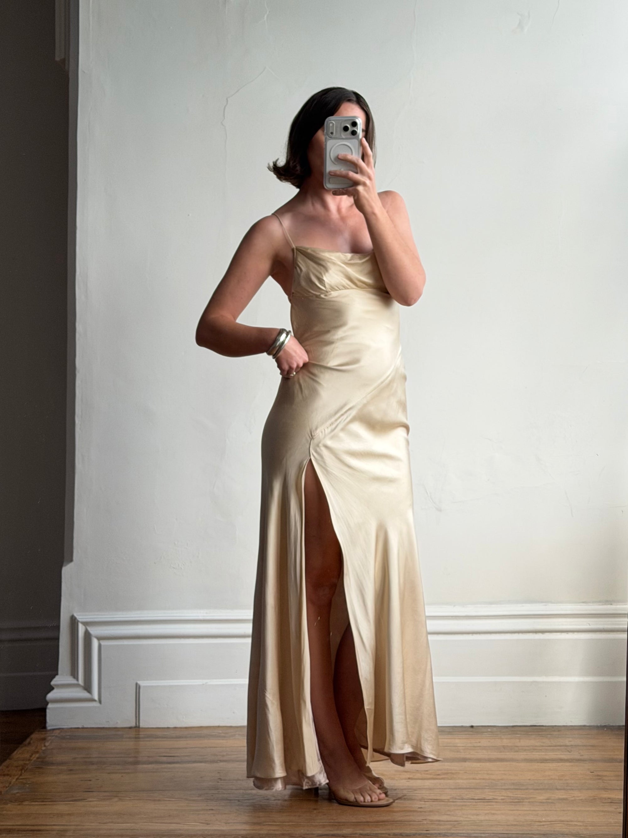 Vintage 90s Pure Silk Bias Cut Split Gown Champagne