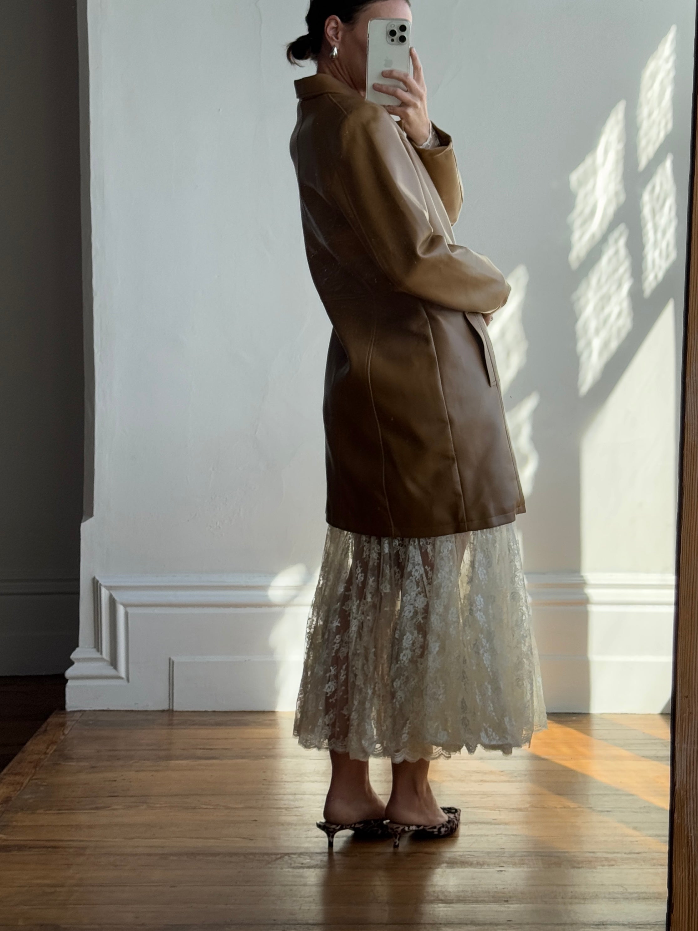 Vintage Y2K Tan Faux Leather Trench Coat