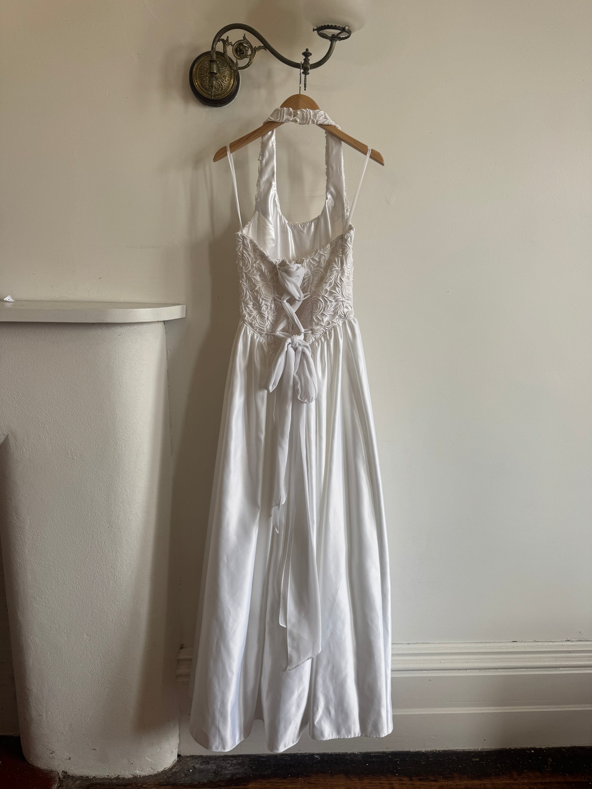 Vintage 90s Australian Made Lace Halter Satin Wedding Dress
