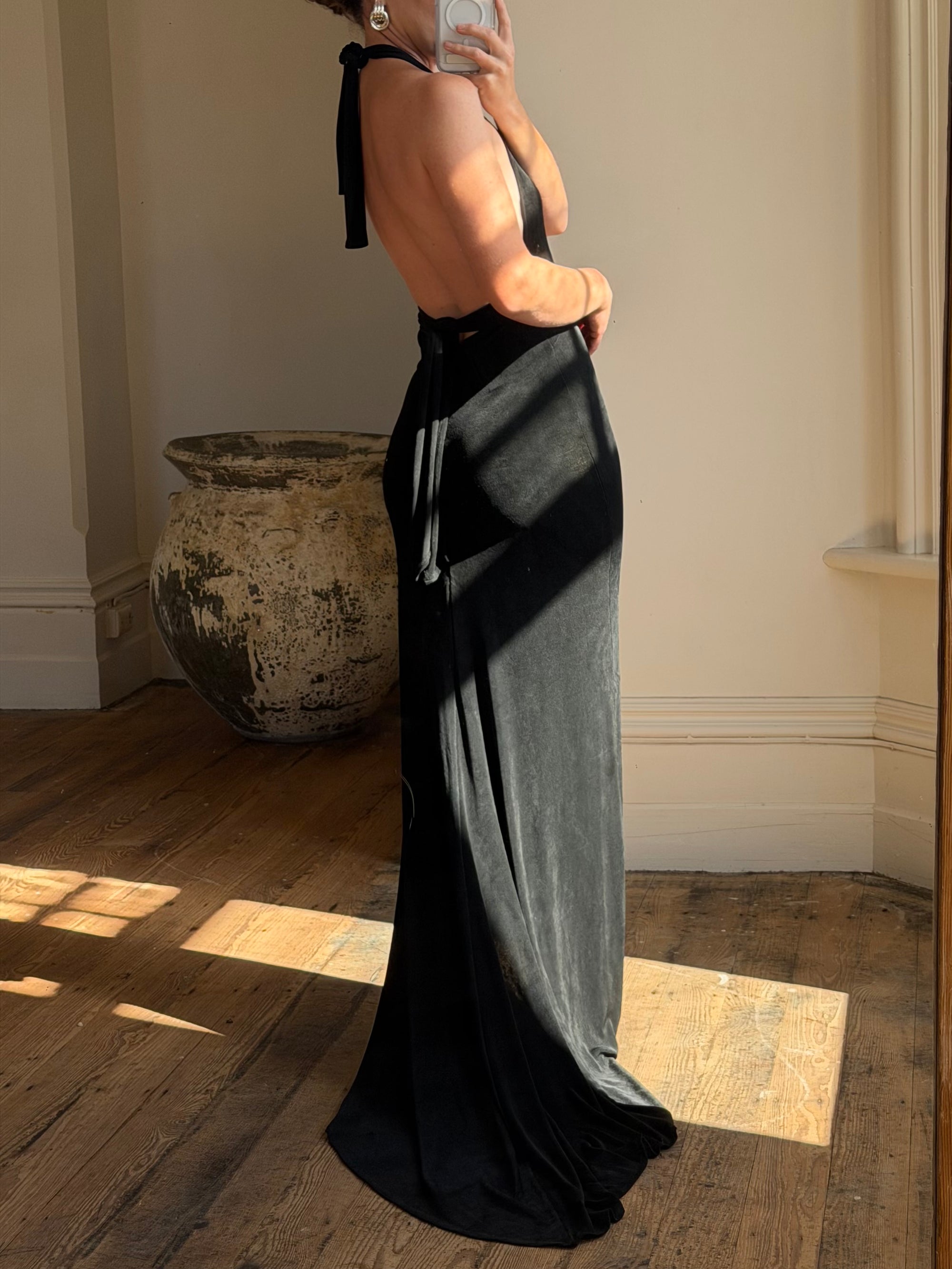 Vintage 90s Low Jersey Evening Dress Rhinestone Snake Noir